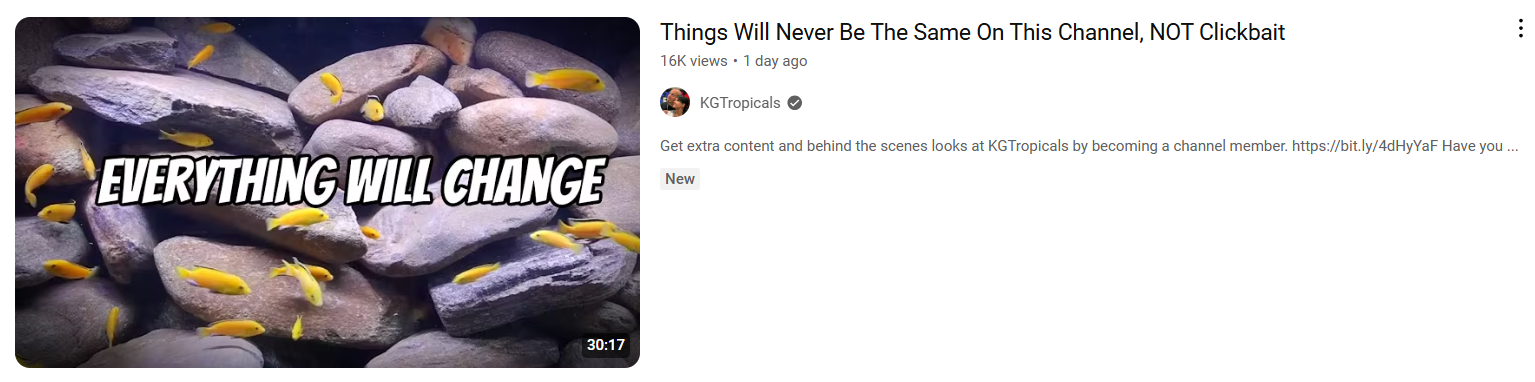 A YouTube video titled 'Things Will Never Be The Same On This Channel, NOT Clickbait' via KGTropicals