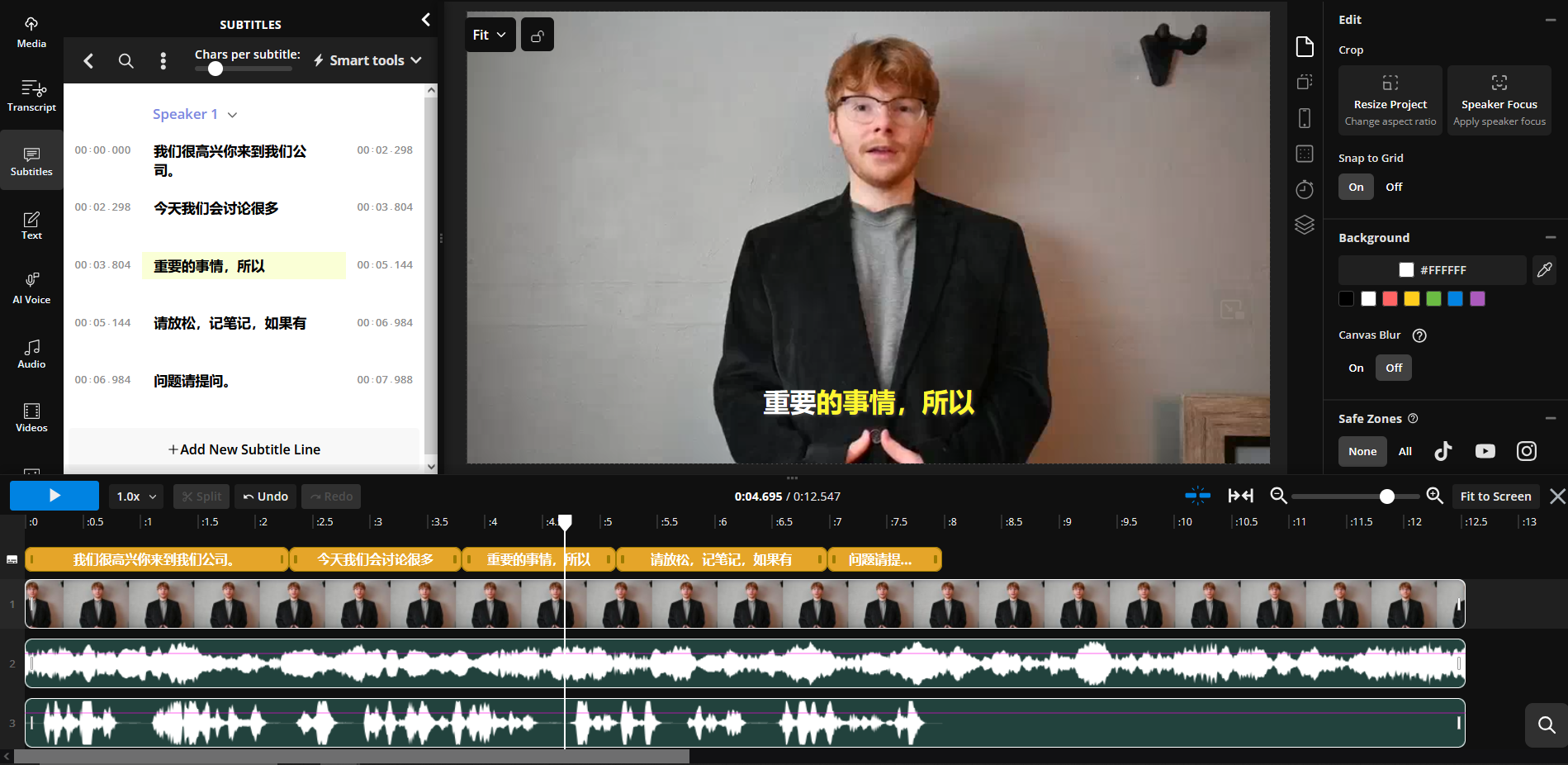 Kapwing interface showing a video with dubbed audio and subtitles