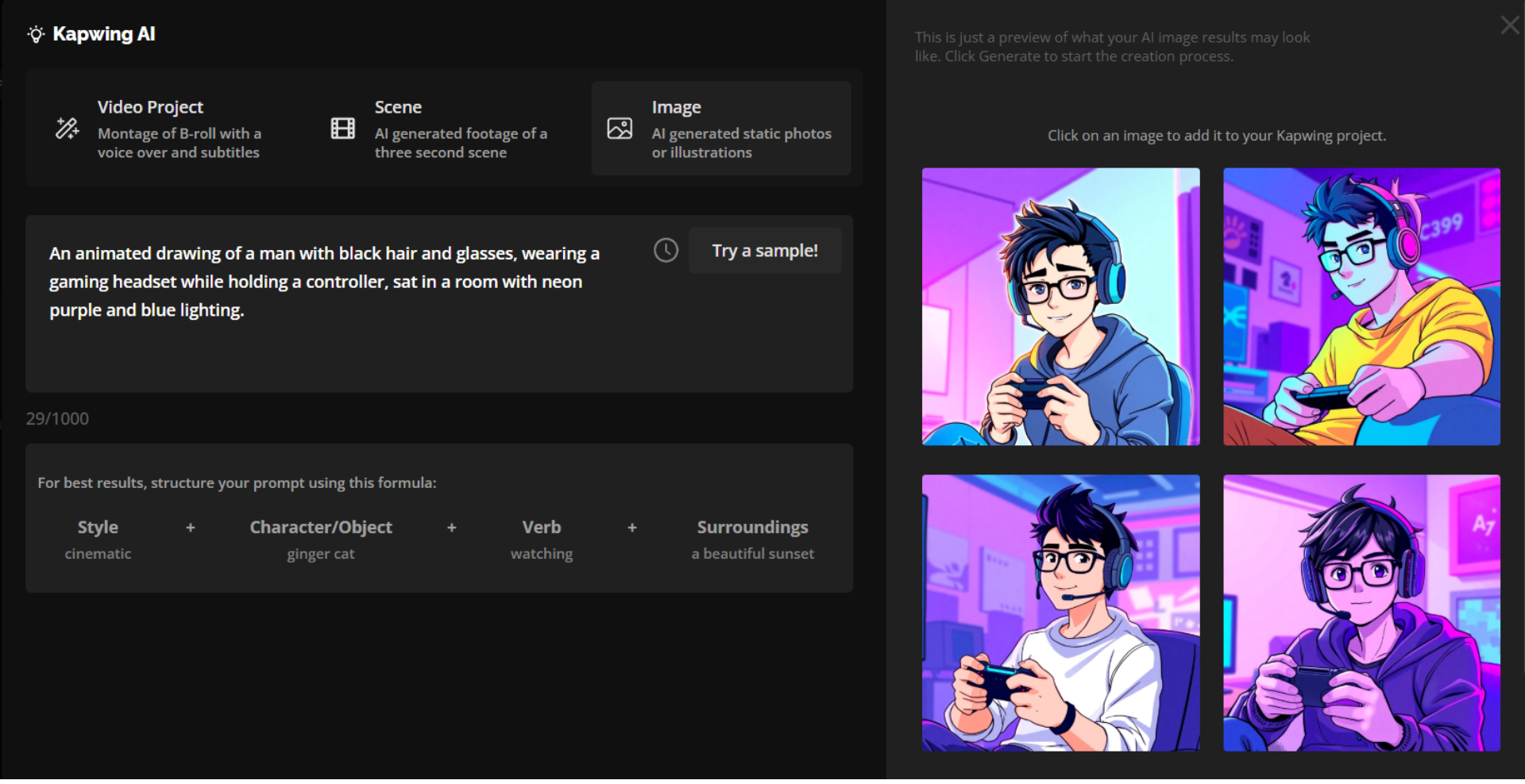 Kapwing's AI Image Generator displays four image options