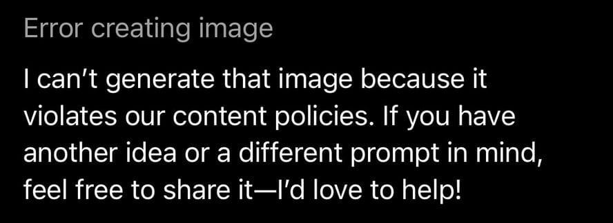 An error message from ChatGPT about a failed image generation, attributed to content policy violation