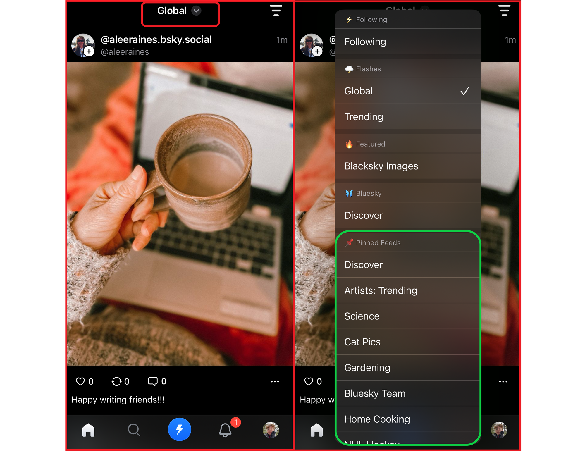 Side-by-side images showing different feed options on the Flashes mobile app