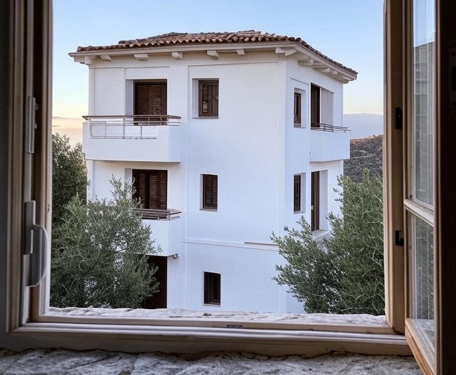 Building viewed through an open window showing the framing technique