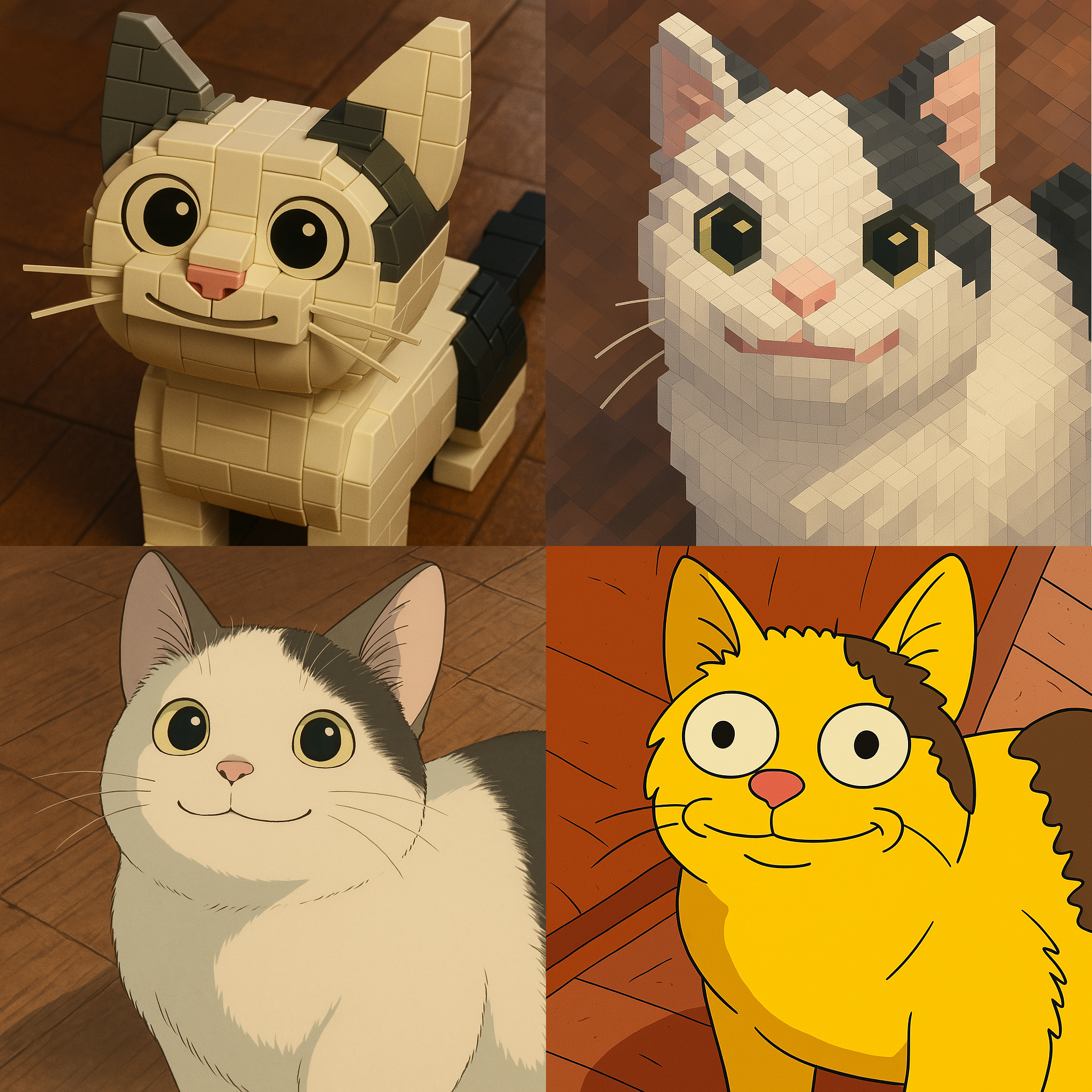 Comparison between different ChatGPT art styles. Including Lego Movie, voxels, Studio Ghibli, and Simpsons