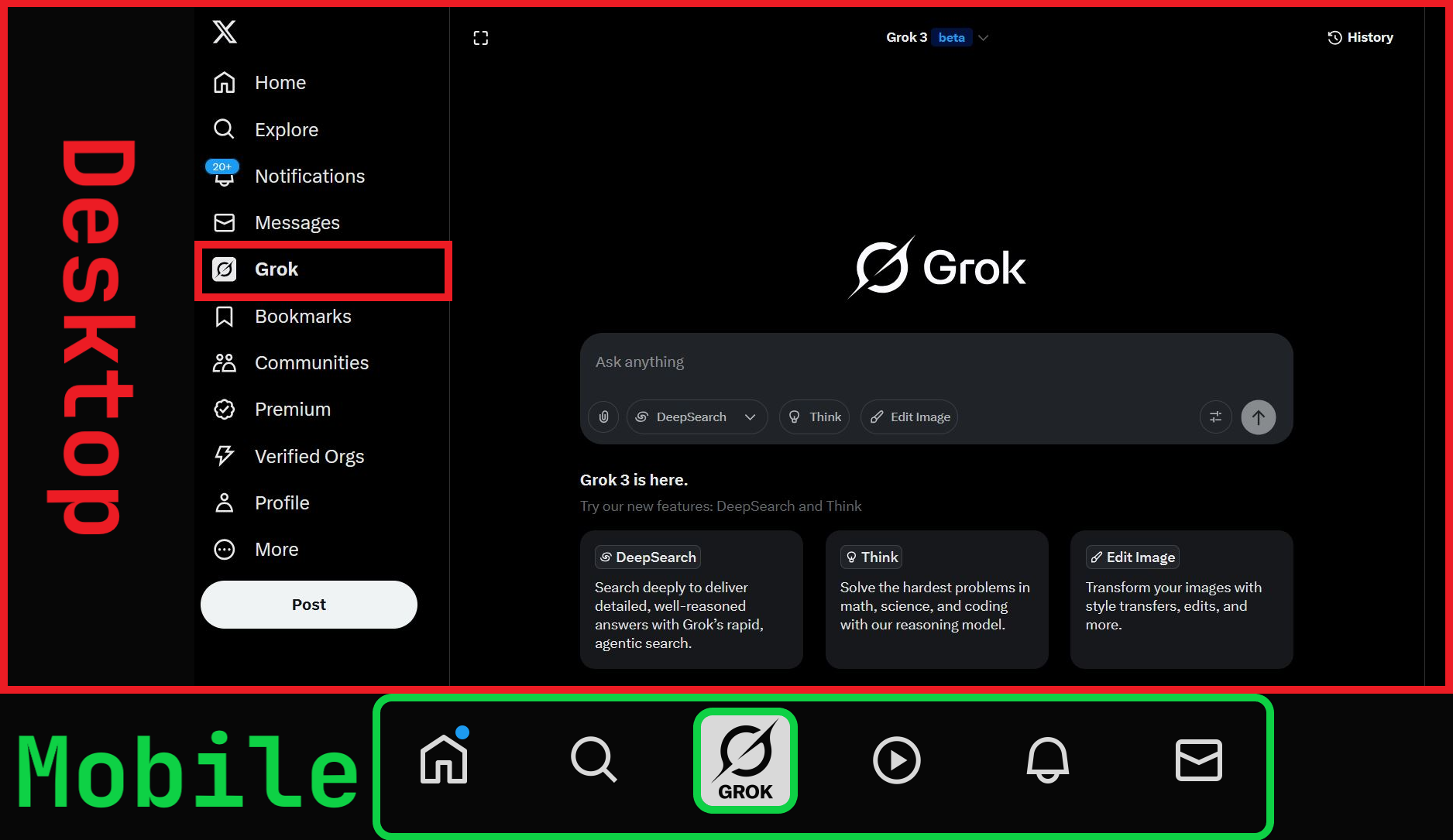 Guide showing the Grok icon on desktop and mobile for easy access.