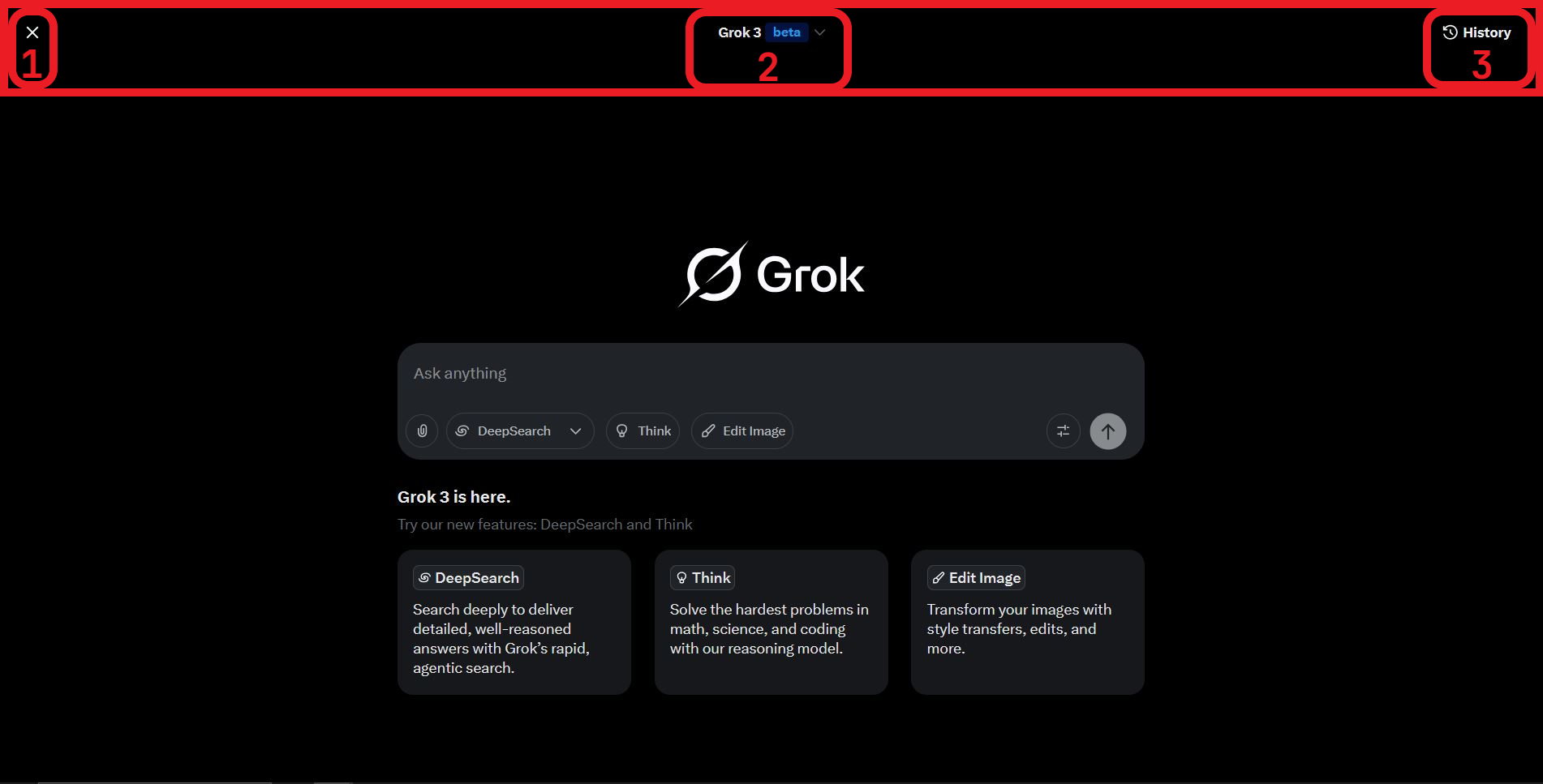 Screenshot of Grok's top toolbar showing navigation tools for a smooth user experience.