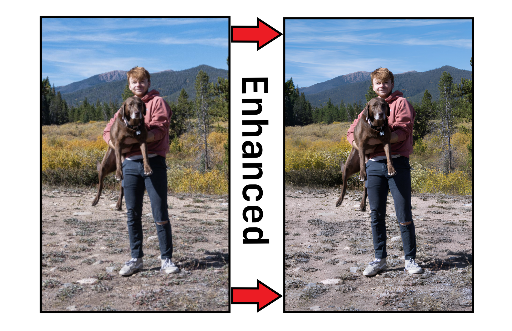 Side-by-side comparison of an enhanced image versus a regular image