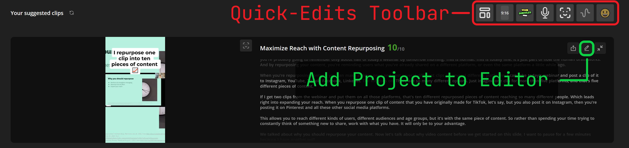 Guide showing how to edit automated short-form video clips. 
