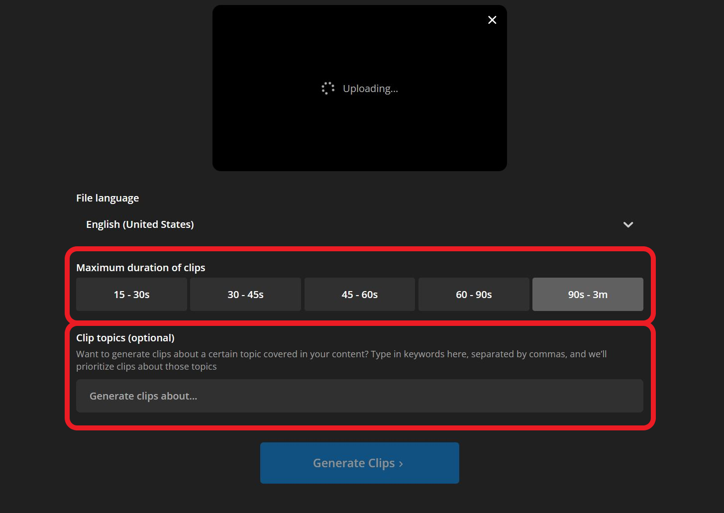 The clip Generations feature of Kapwing's Repurpose Studio is demonstrated, with the 'Maximum duration of clips' and 'clip topics' tabs highlighted