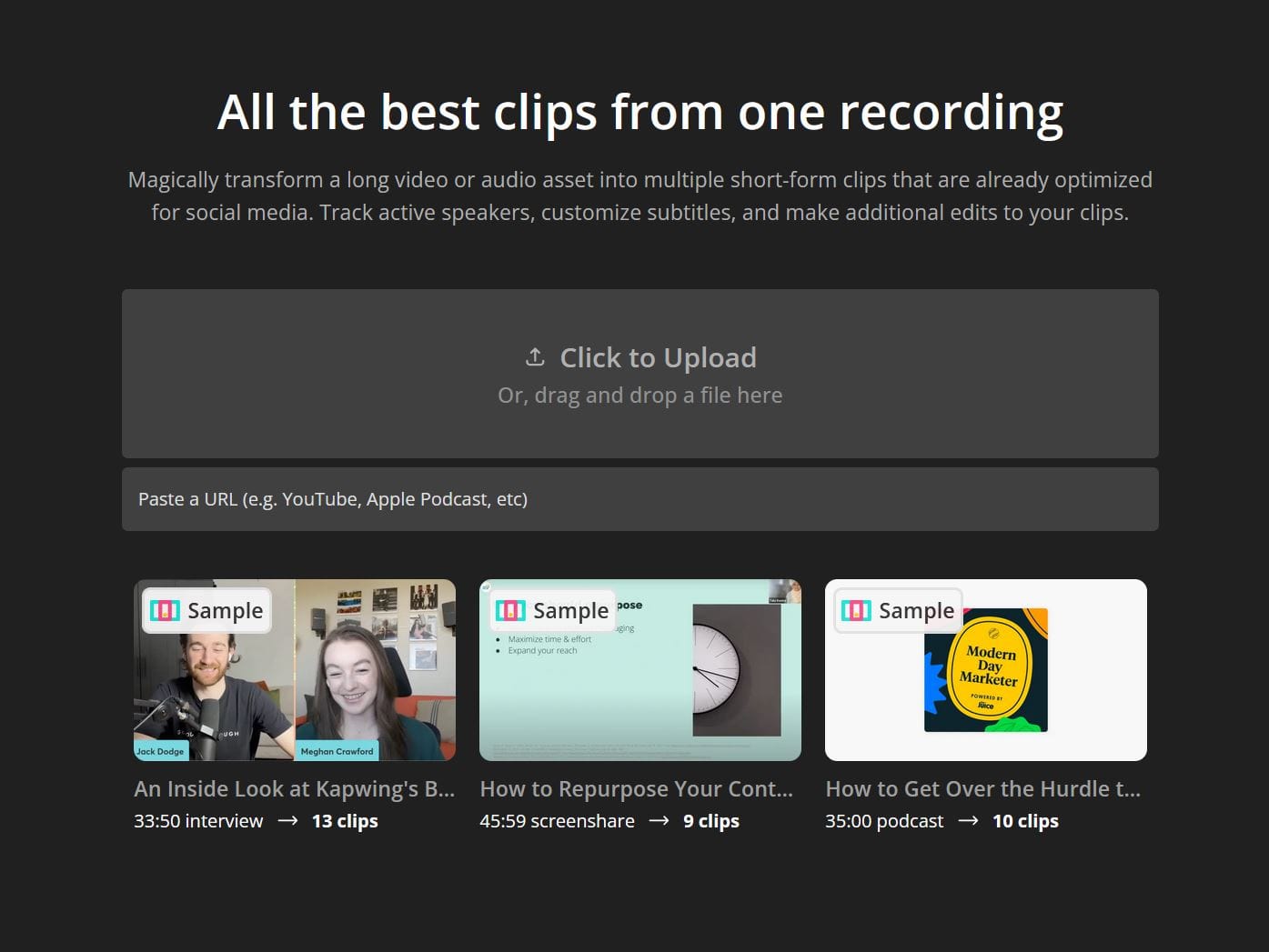 A screenshot of Kapwing's Repurpose Studio with three sample clips at the bottom of the image