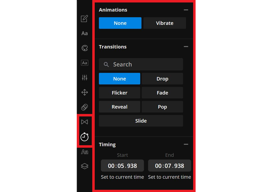 Guide showing where to access text animations and transitions on Kapwing