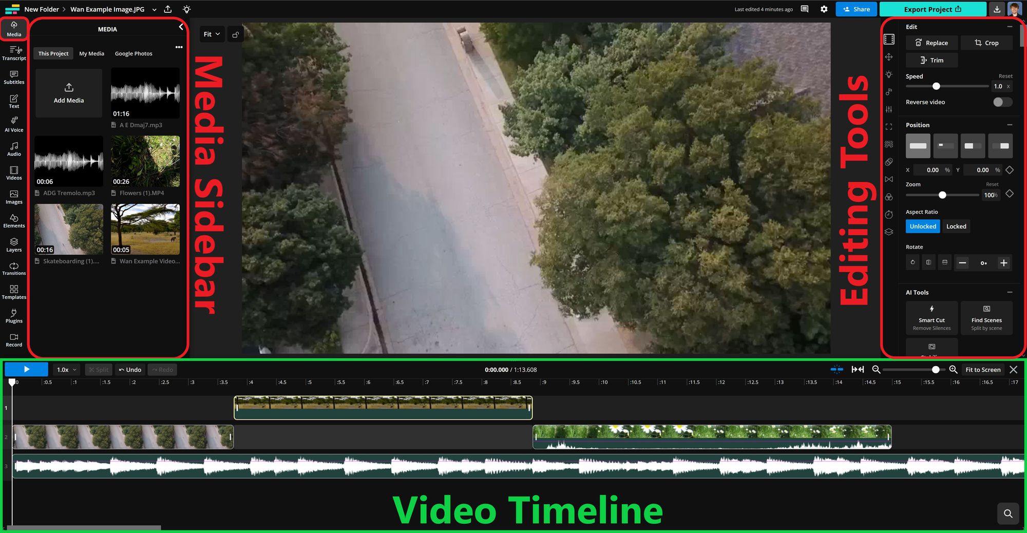 Guide showing the Kapwing online video editing interface