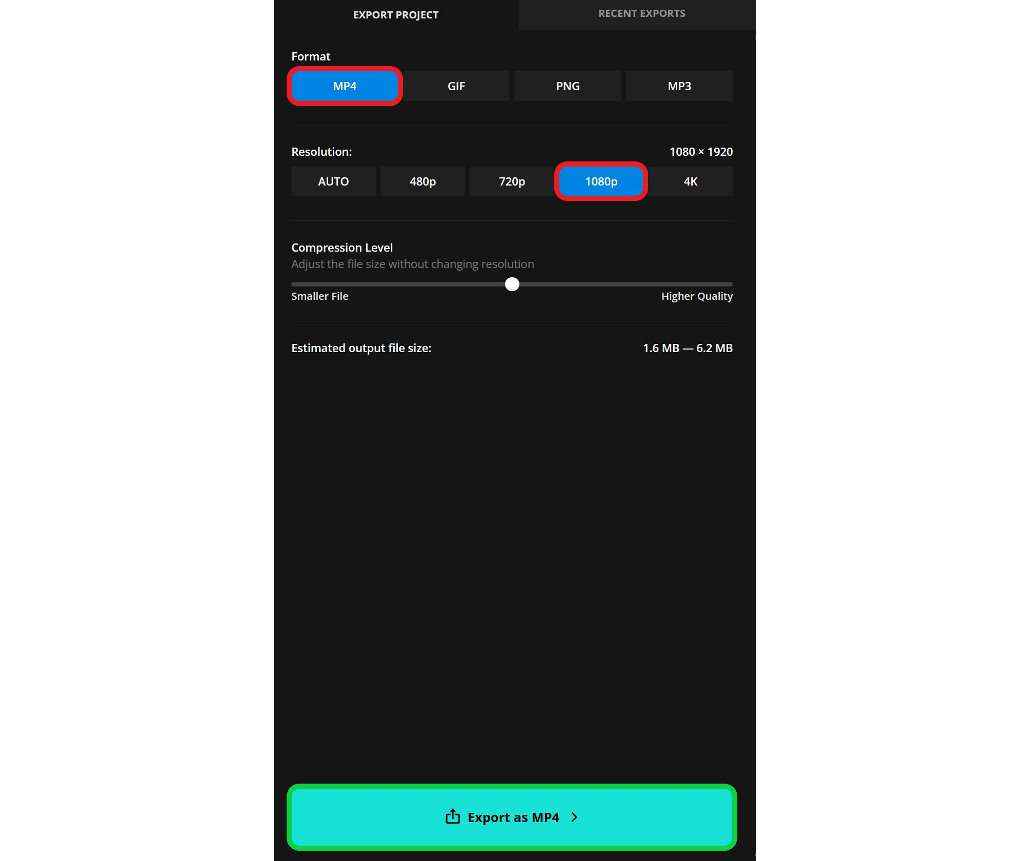 Export menu with MP4 and 1080p options highlighted for visibility