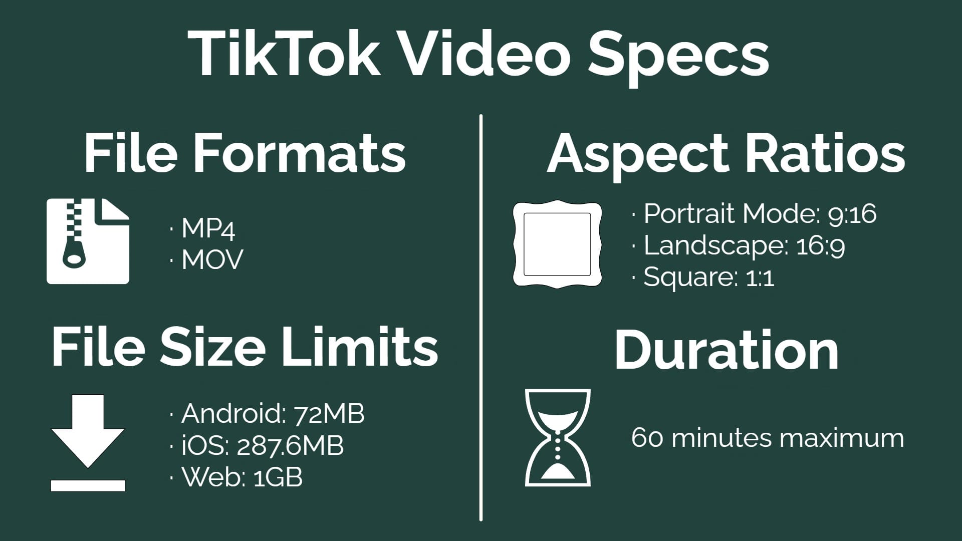 TikTok Video Specs infographic outlining Aspect Ratio, Video Length, Size and Supported File guidance