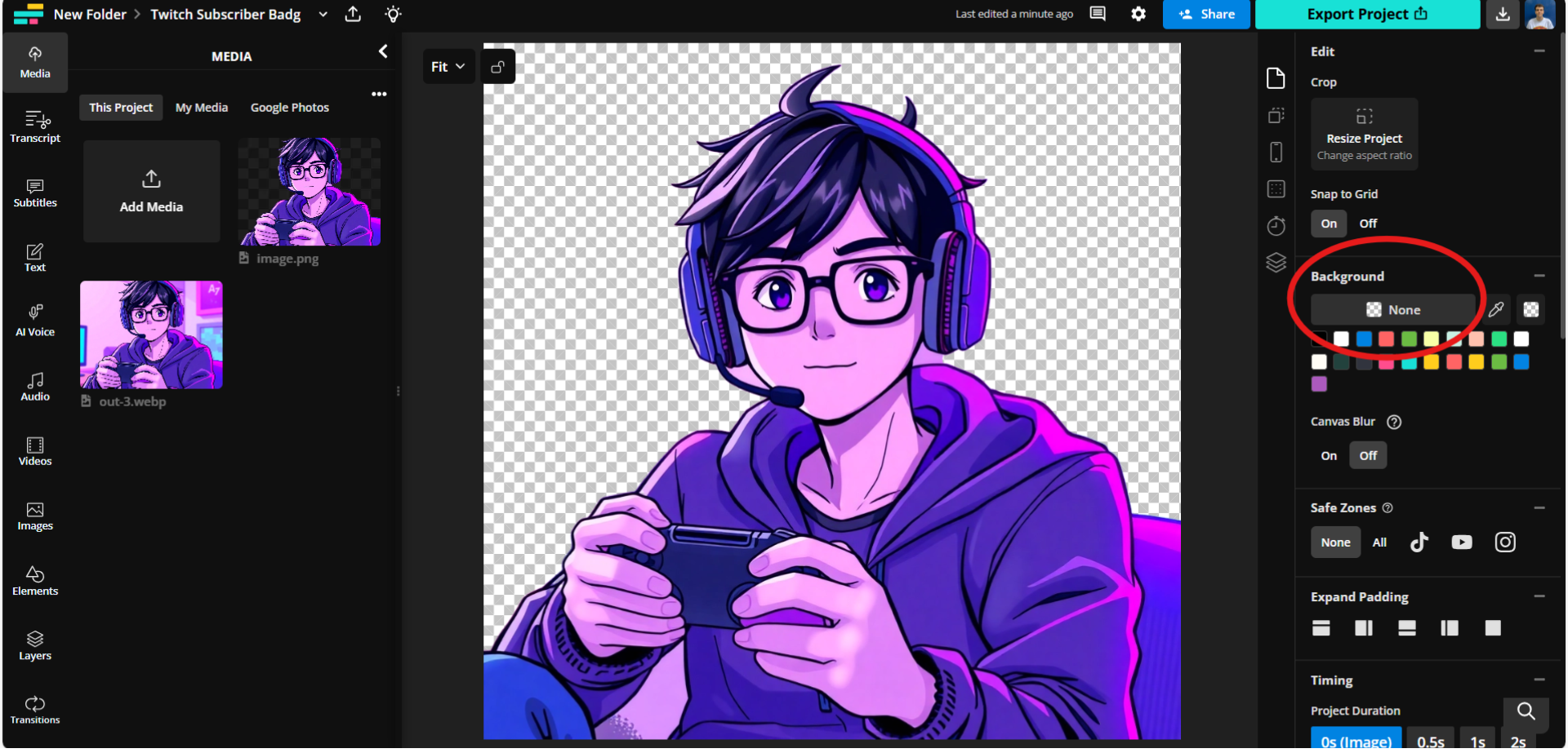 Twitch's studio editor with the Background tab circled