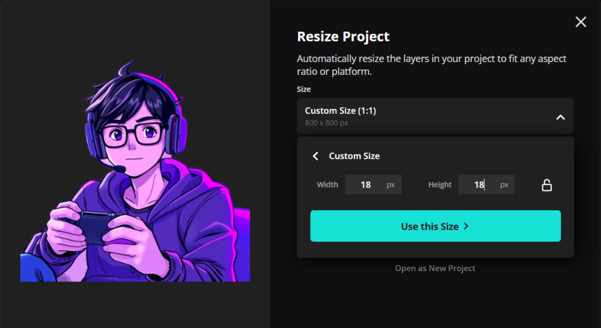 A screenshot of Kapwing's image resizer set to 18 x 18px