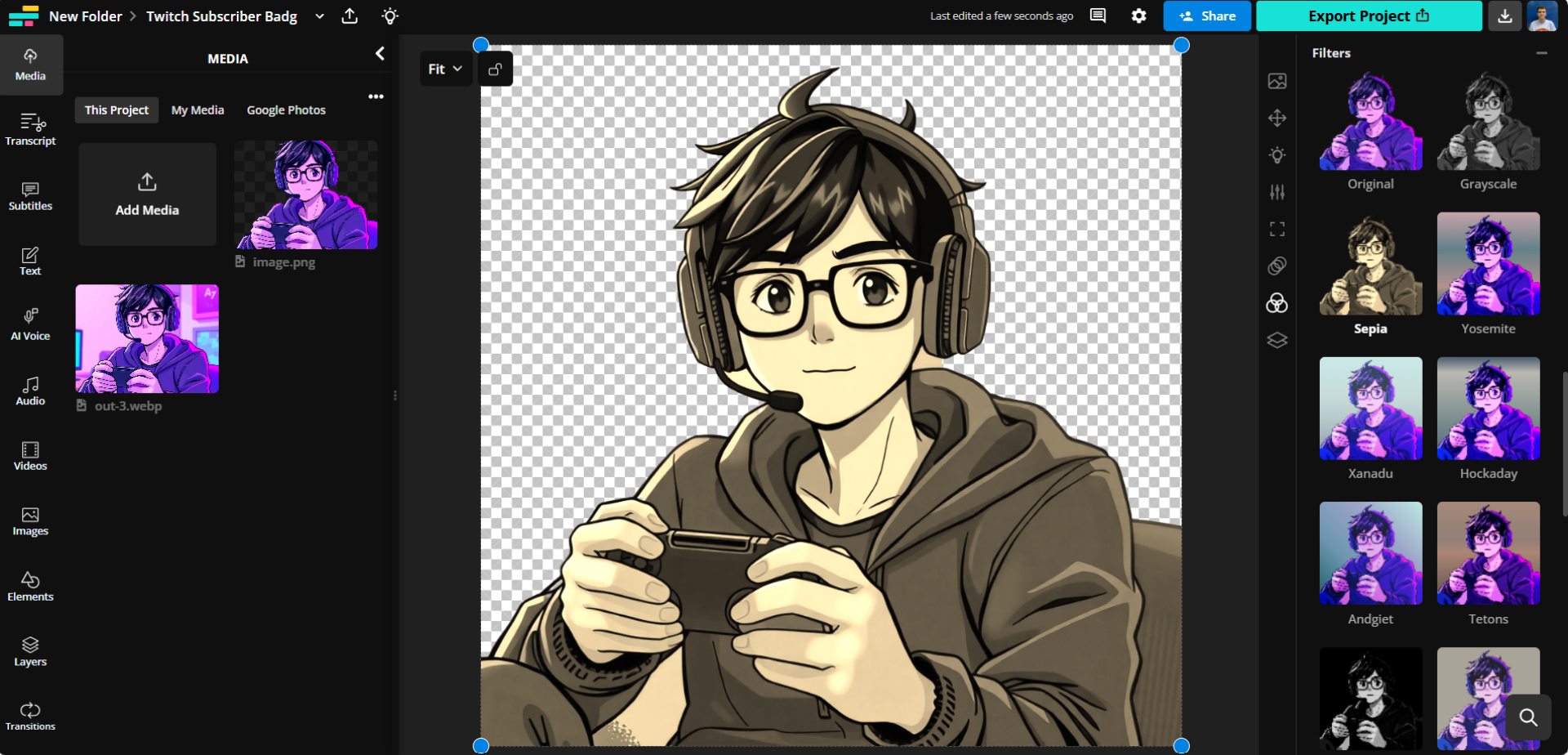 A screenshot of Kapwing's image filter options