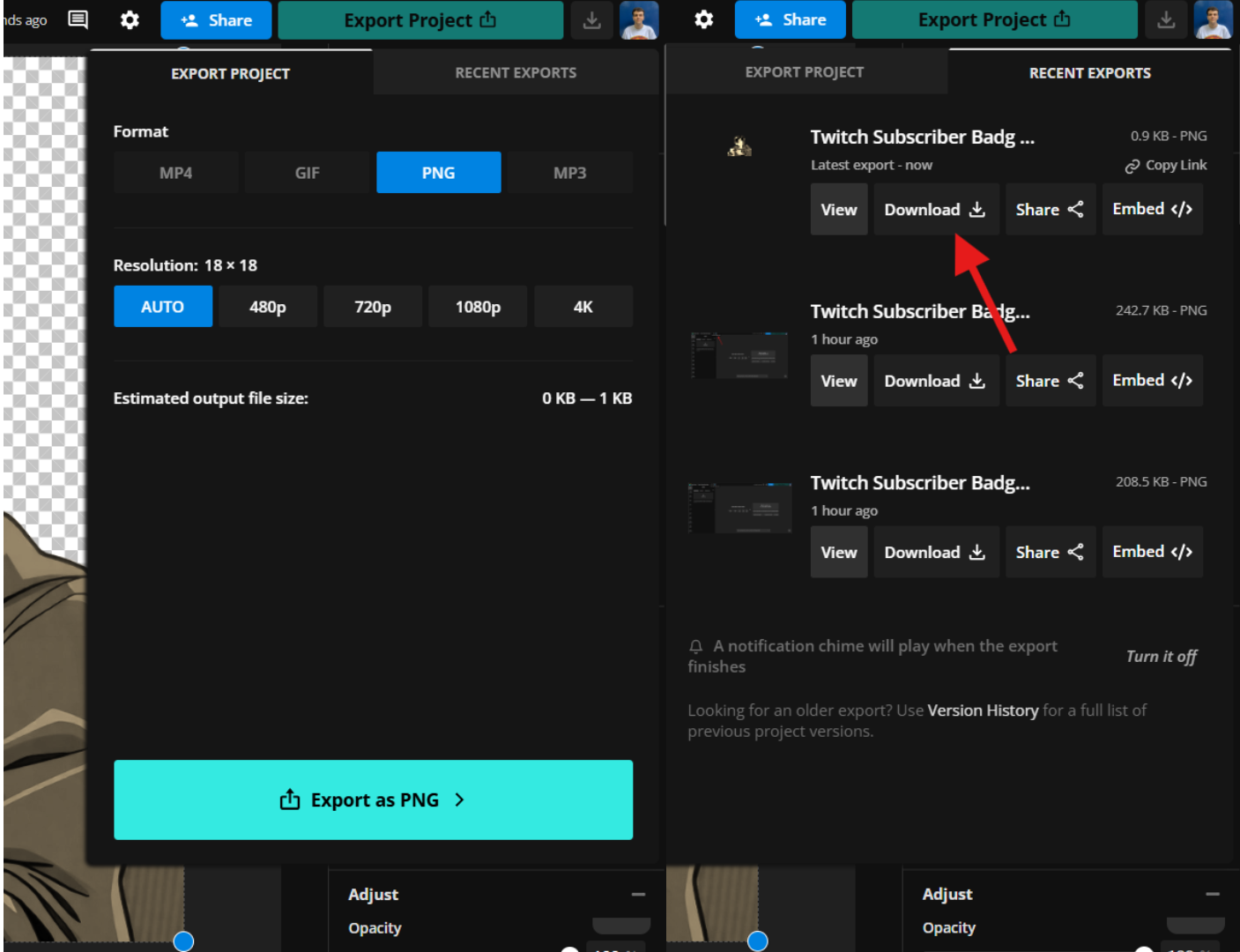 Kapwing's image exporter with the PNG and Auto options selected and a red arrow pointing toward Download