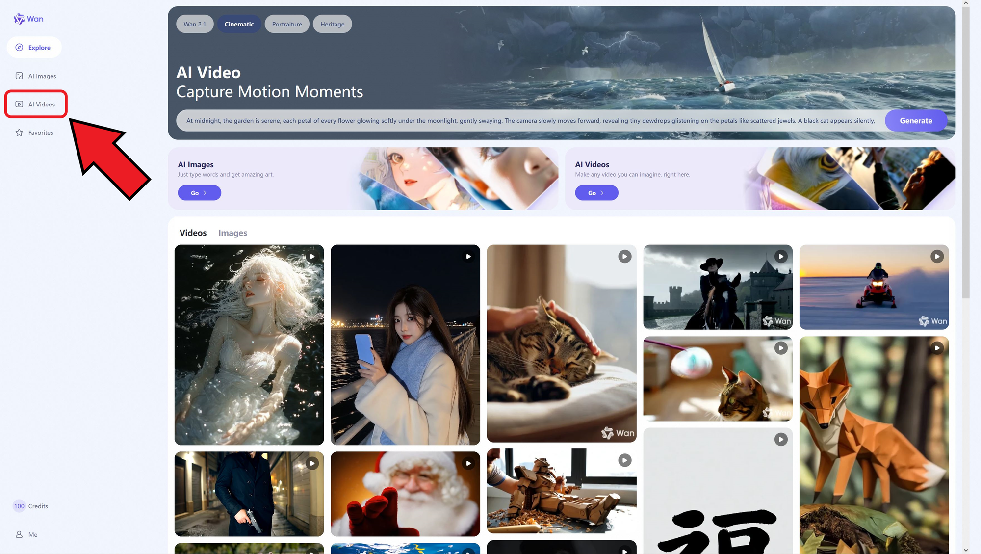 Guide showing how to access the Wan 2.1 image generator