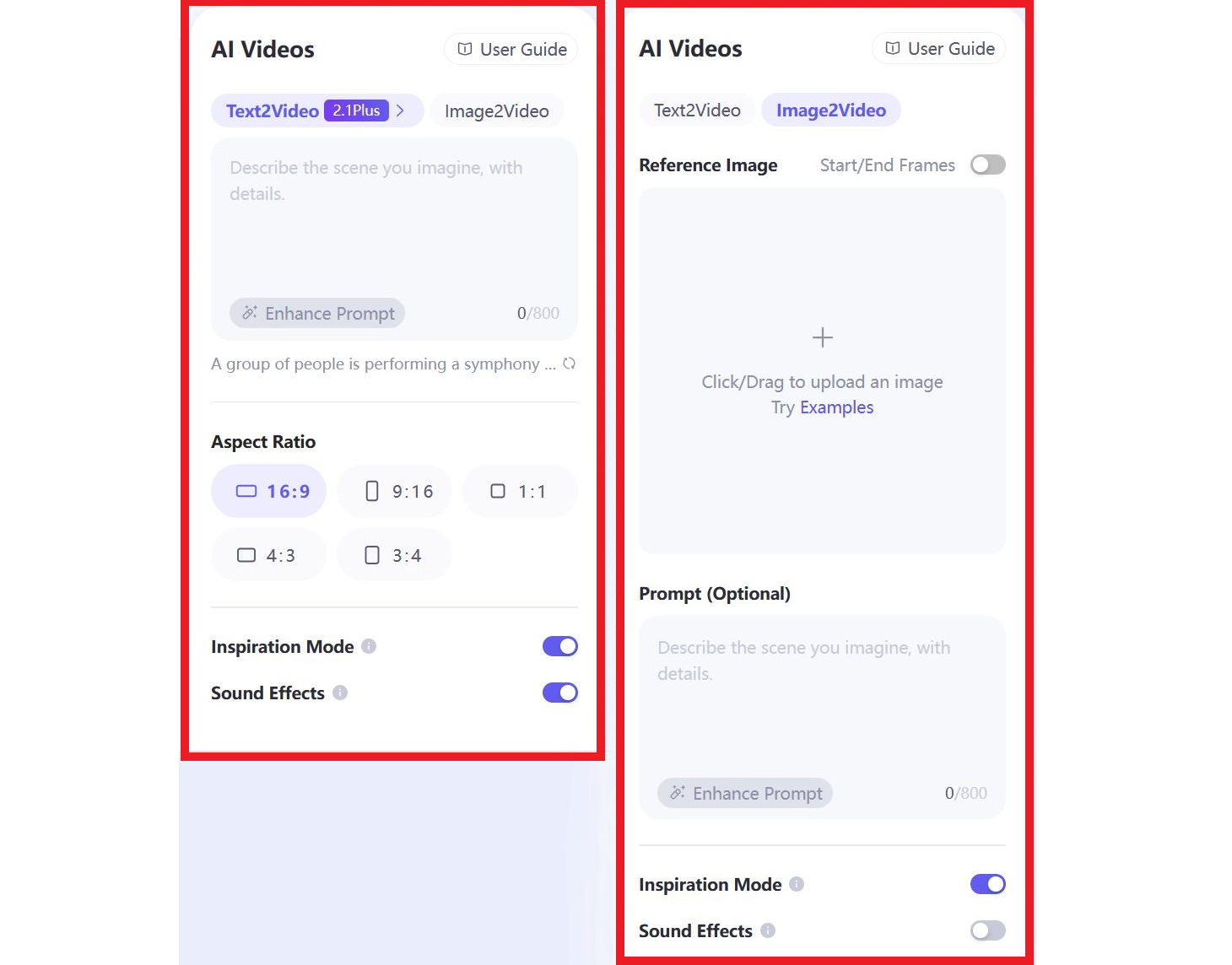 Side-by-side images of the Wan AI text-to-video and image-to-video interfaces