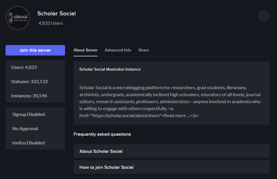 A screenshot of the 'Scholar Social' server on Mastodon, described as a platform for 'anyone involved in academia who is willing to engage with others respectfully.'