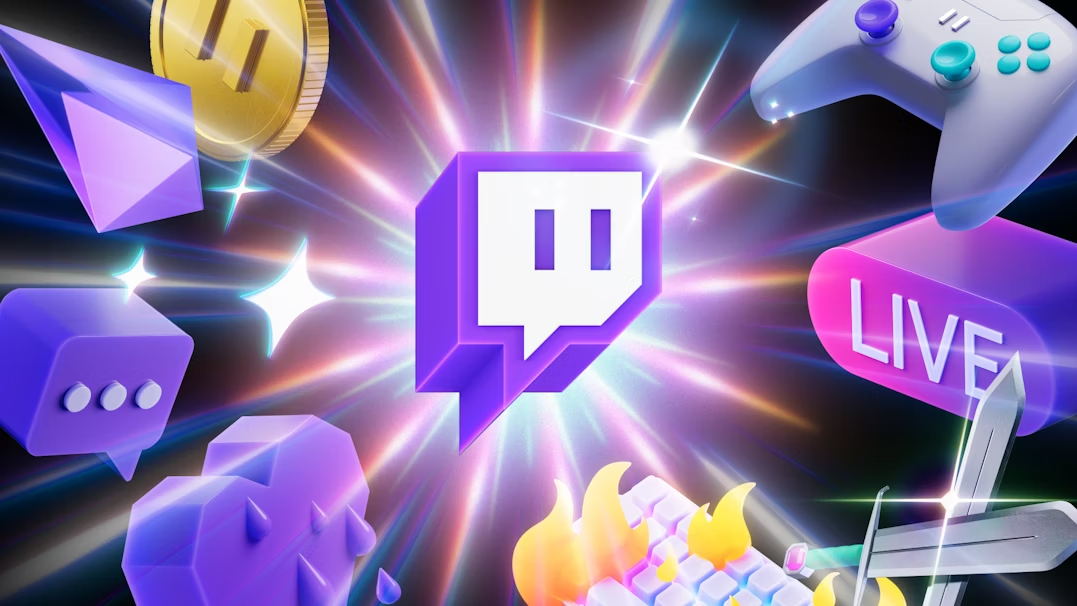 The Twitch logo appears in the centre of a colorful animation, featuring several gaming and live streaming references