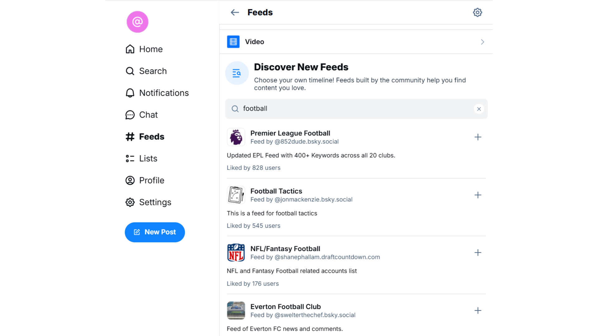 A screenshot of Bluesky's Feeds section, with the word 'football' having been searched