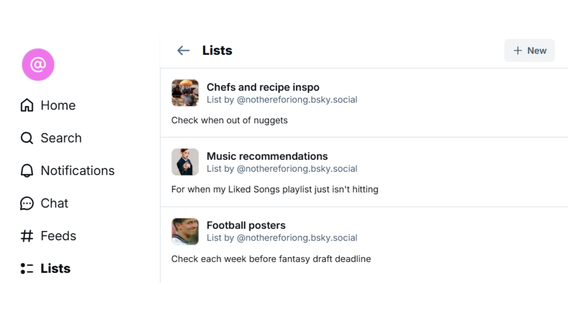 Bluesky's Lists section is demonstrated with three lists: Chefs and recipe inspo, Music recommendations and Football posters