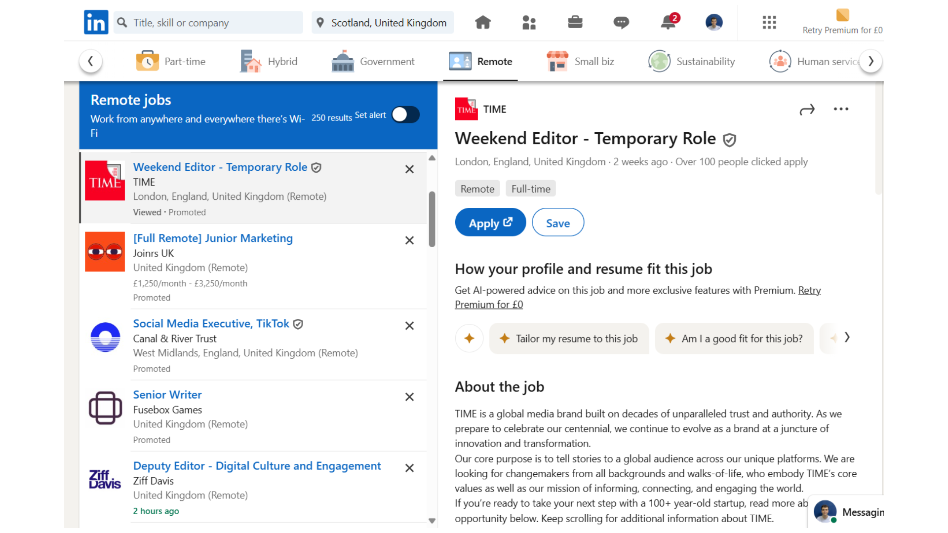 A screenshot of the LinkedIn Jobs tab, set to remote