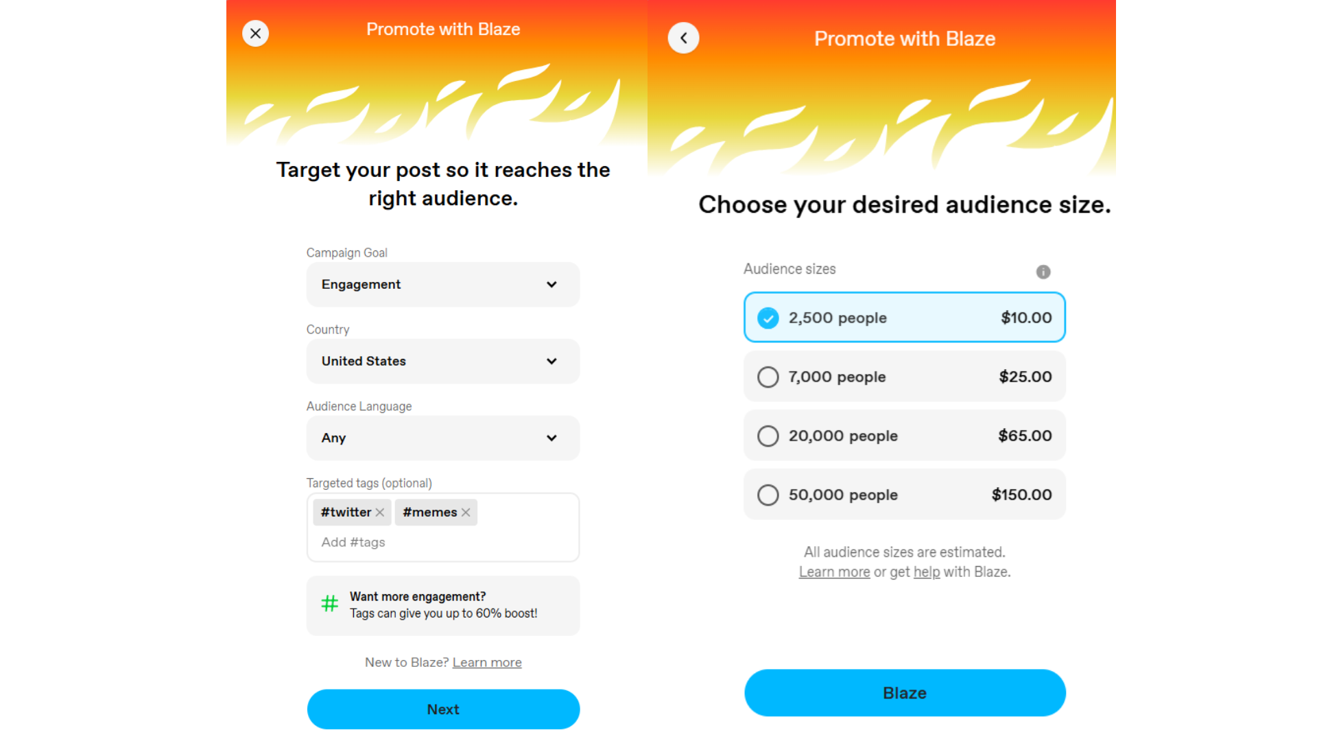 Tumblr's Blaze options, screenshots show a user being presented with campaign goal and reach options, as well as prices for the service