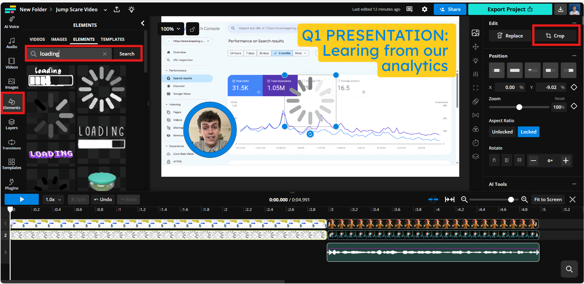 The Elements tab of Kapwing's Editor is highlighted