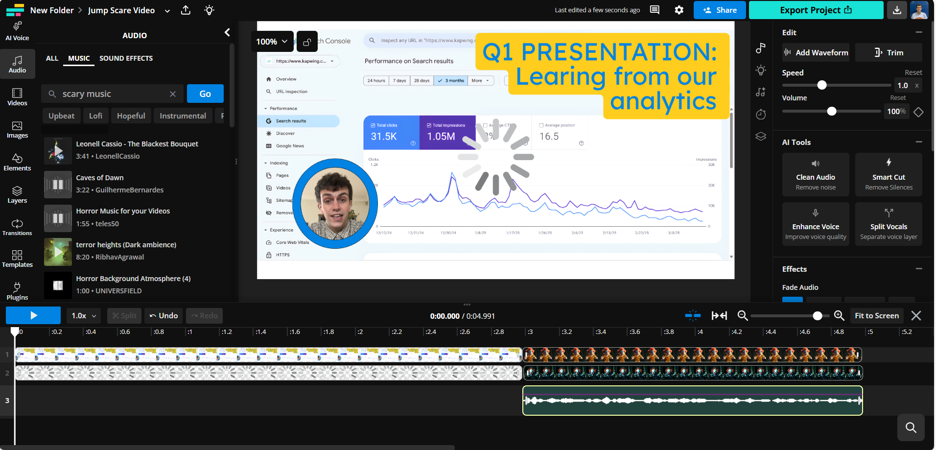 Kapwing's editing interface with the audio adjustment features highlighted