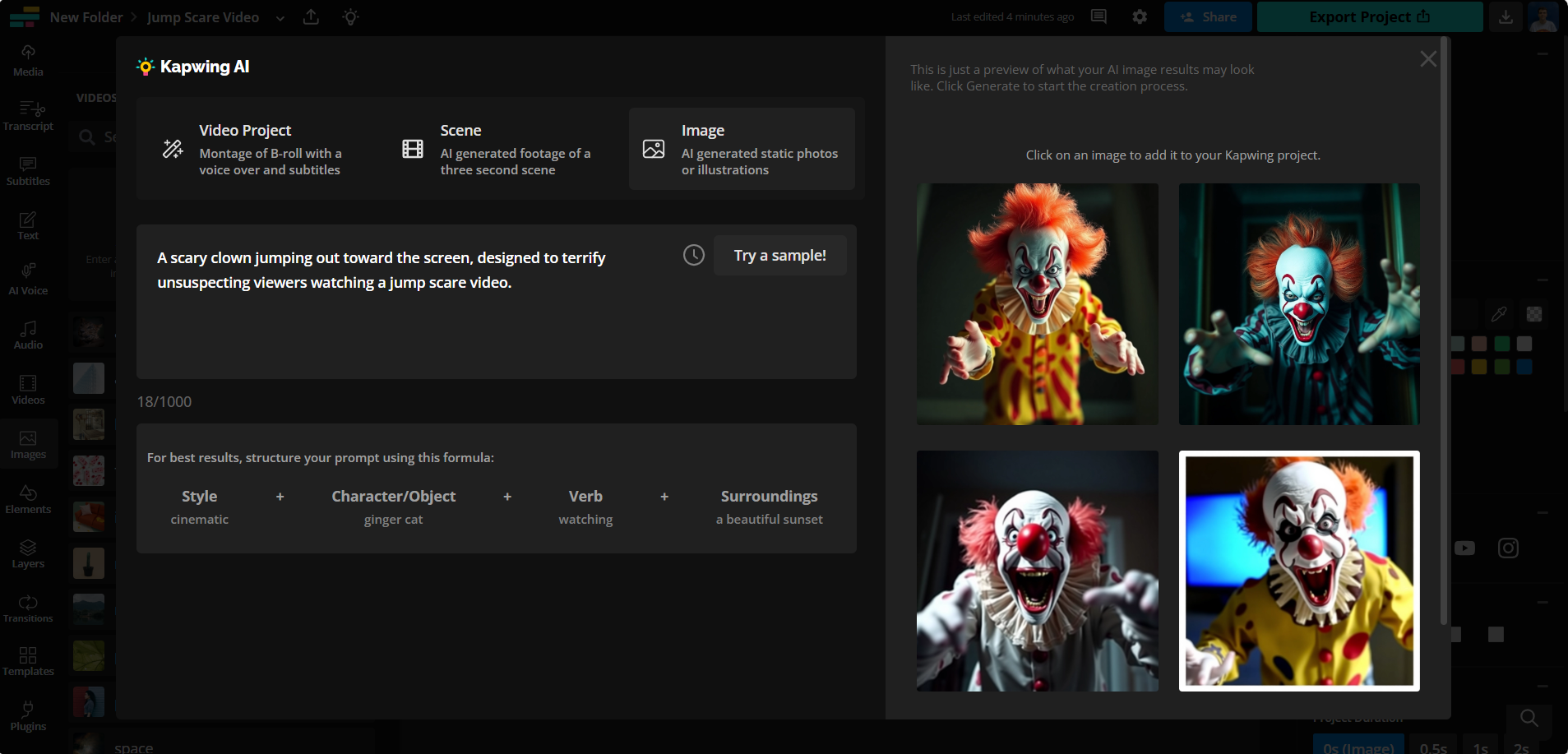 An AI Image Generator suggests four pictures based on the prompt: 'A scary clown jumping out towards the screen, designed to terrify unsuspecting viewers watching a jump scare video.' 