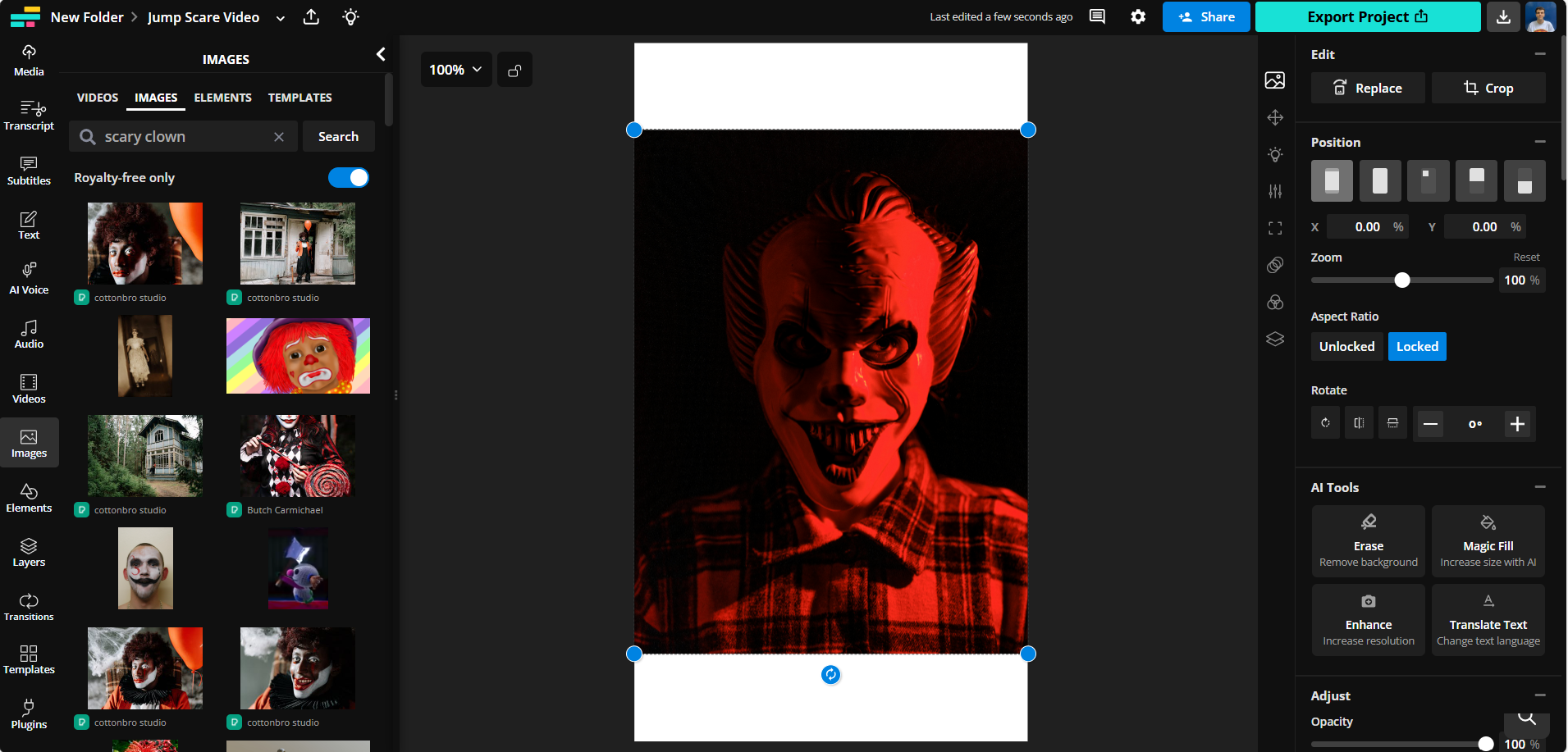 A 'scary clown' image is selected from Kapwing's Image library