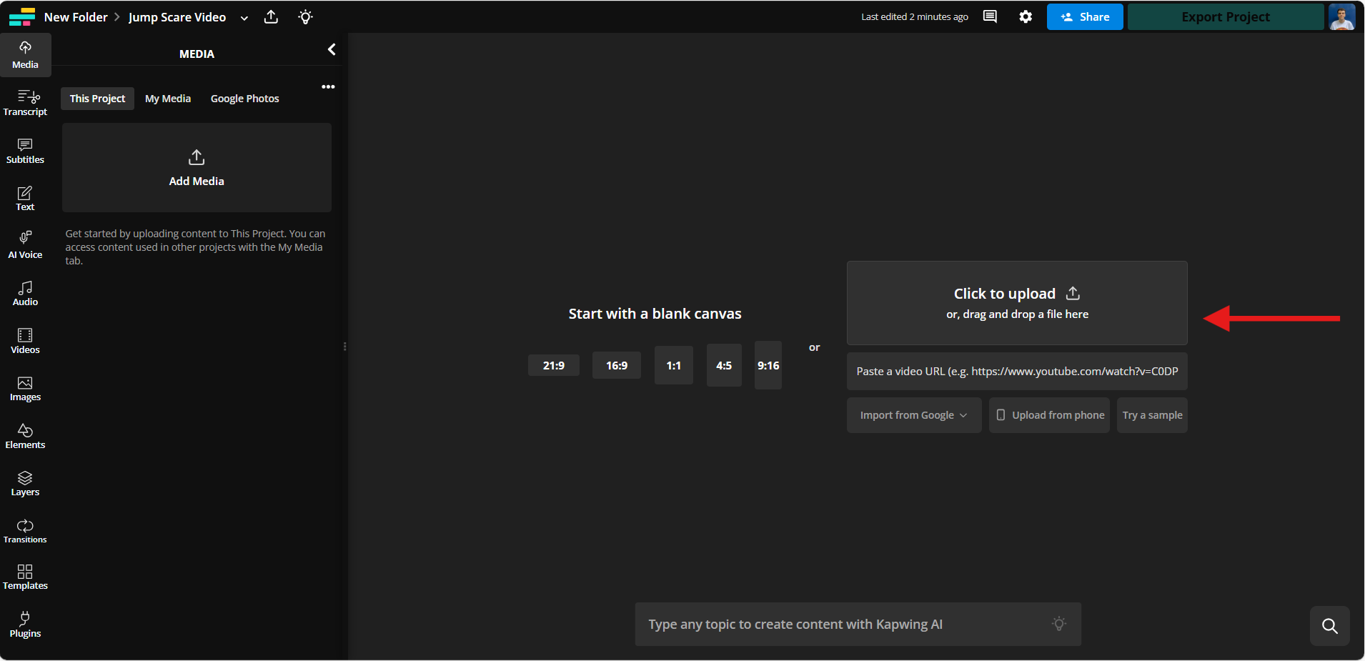 Kapwing's editing studio opening screen, with an arrow pointing towards the Click to Upload option