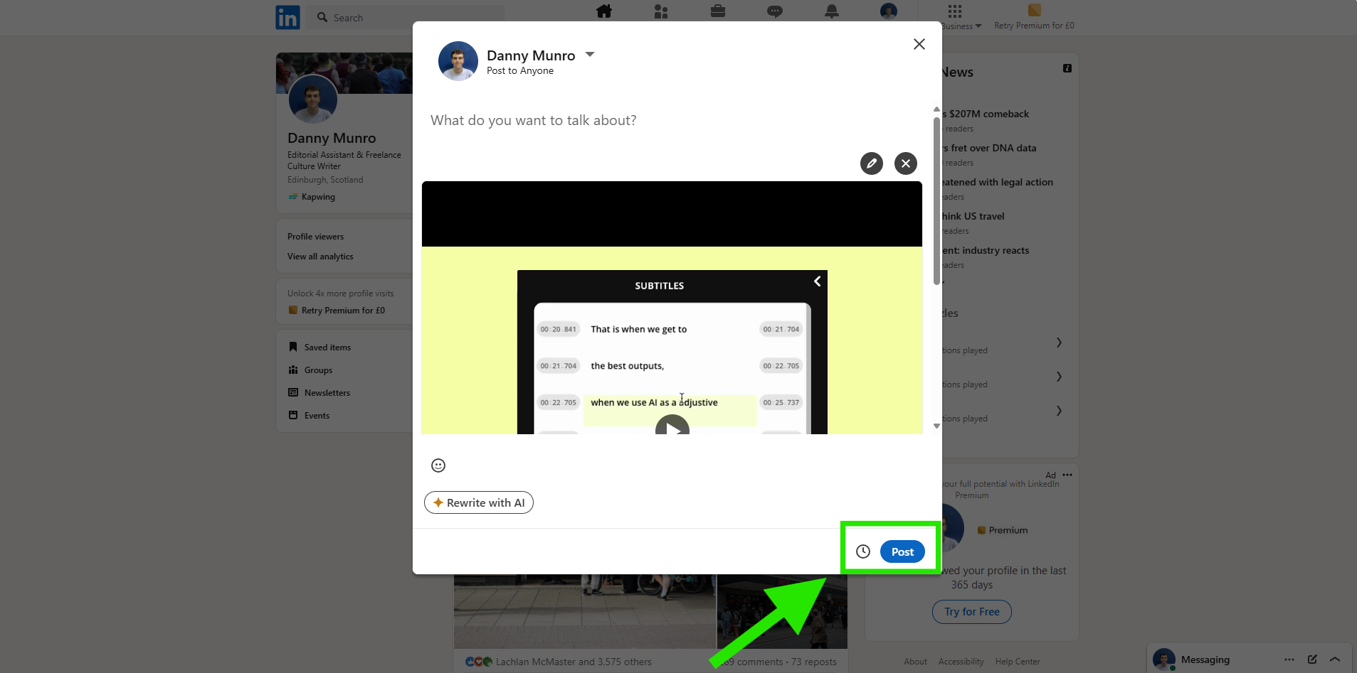 The Post button is highlighted on a LinkedIn upload page