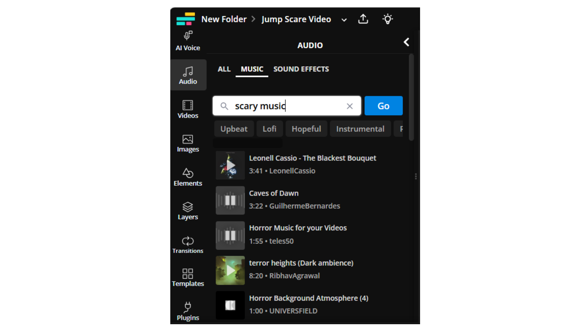 'Scary music' is searched in Kapwing's Audio library