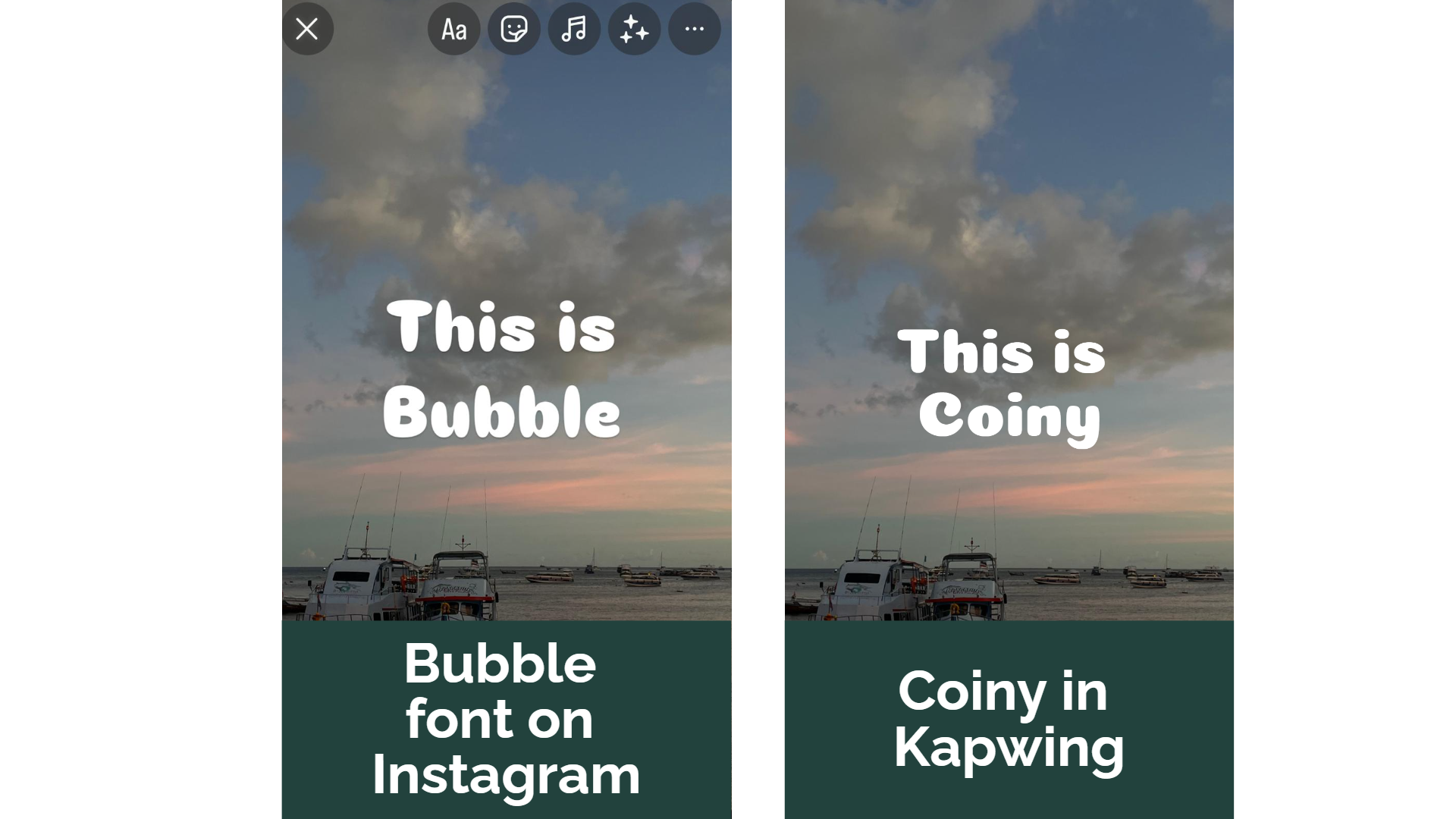 A side by side comparison of Bubble font and Coiny, set against a sea background with two boats