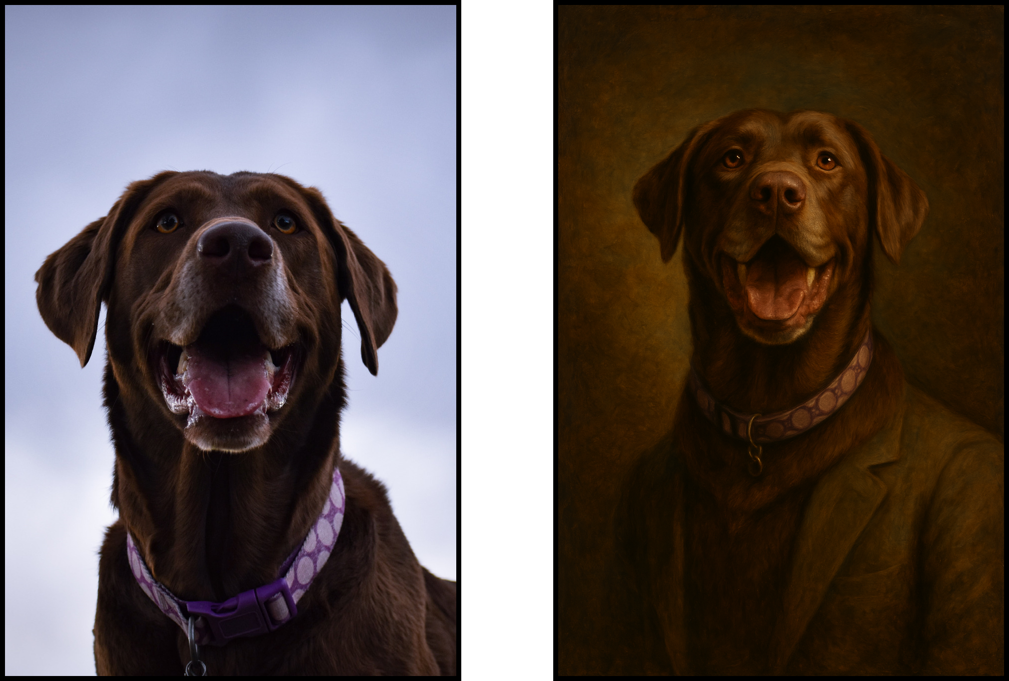 ChatGPT dog to human image in the style of a painting. 
