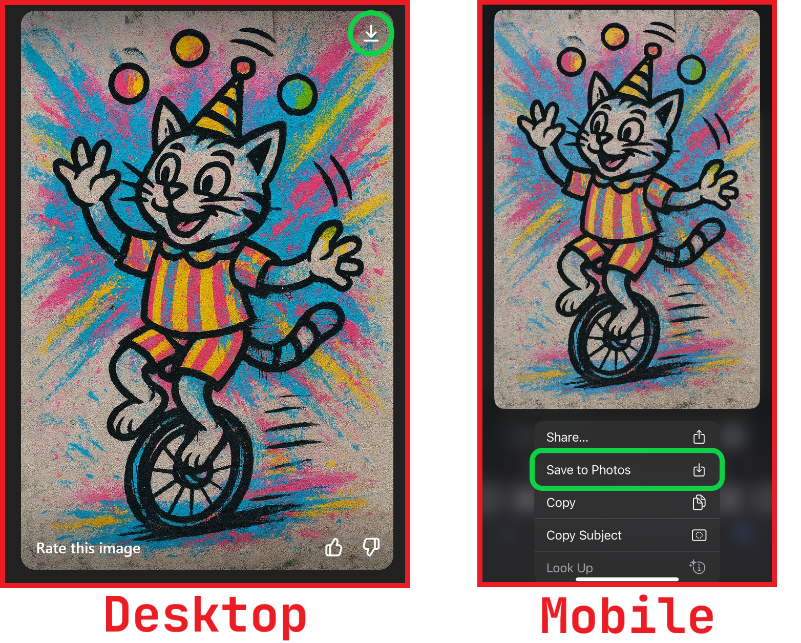 Guide showing how to download ChatGPT images on desktop and mobile. 