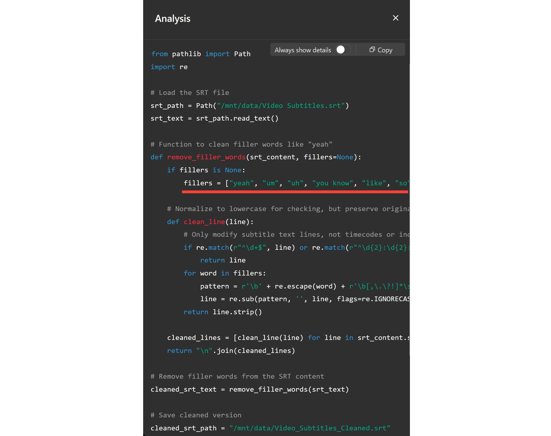 ChatGPT analysis screen showing how it edits subtitles