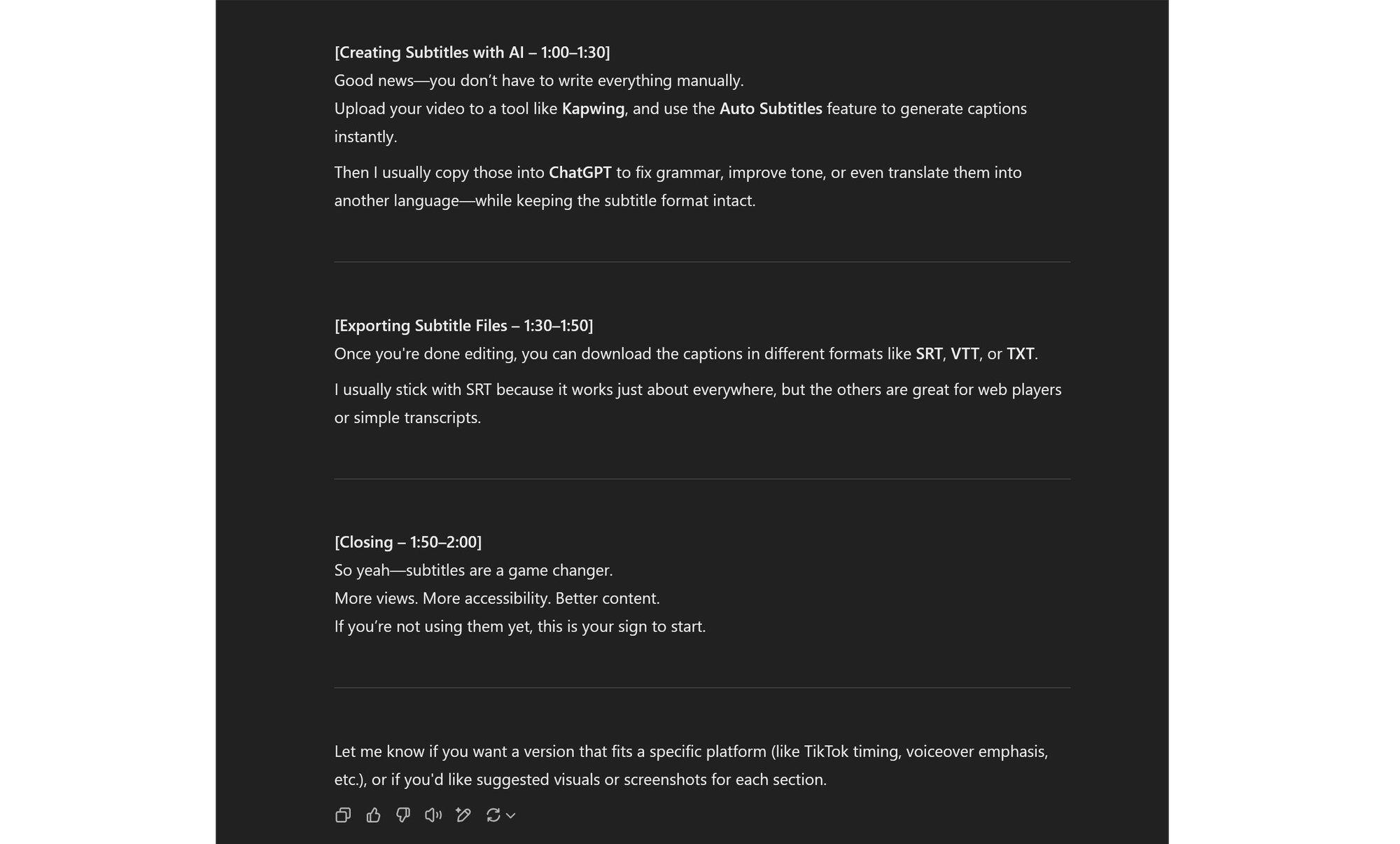 ChatGPT response example with feedback options visible