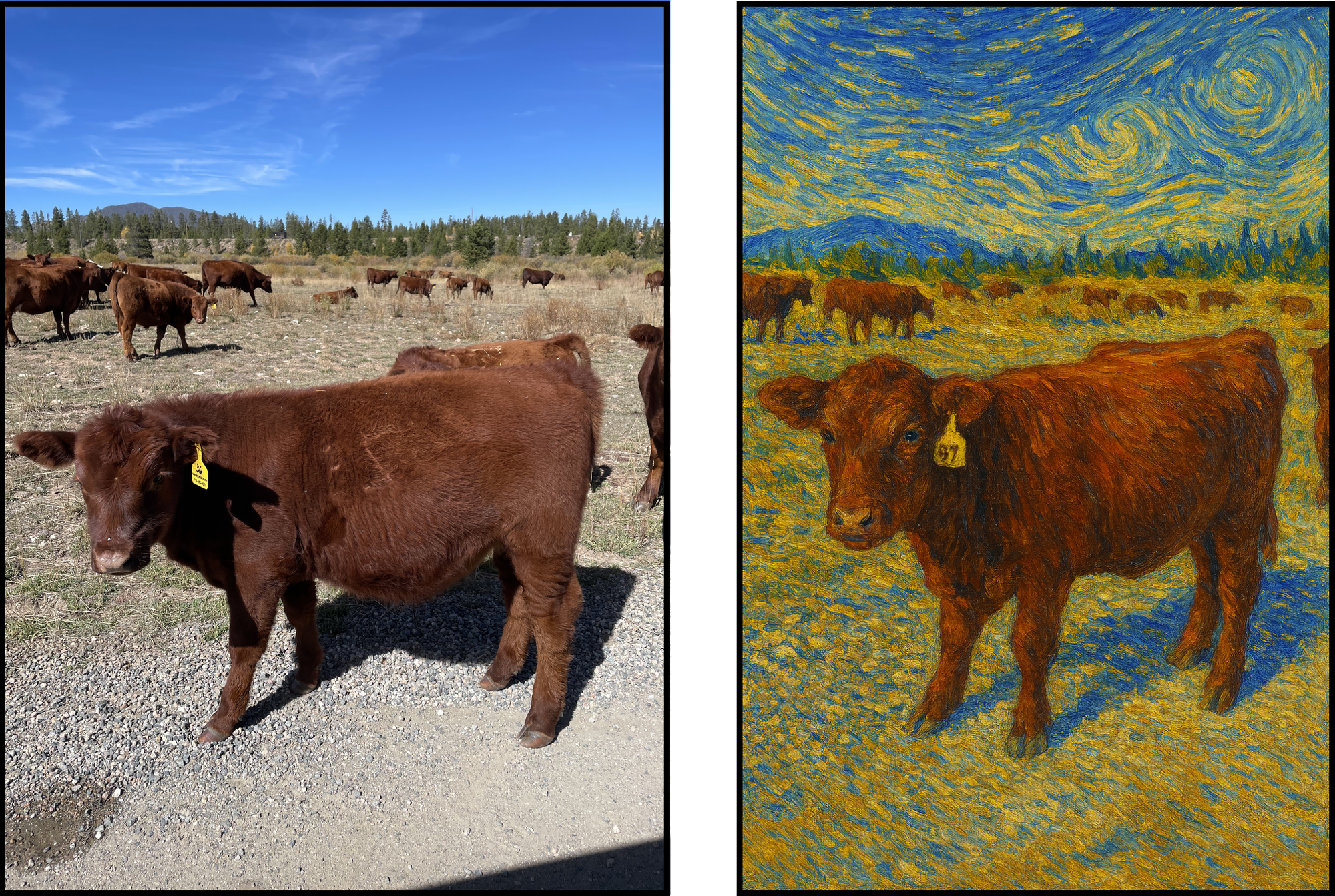 Image comparison showing a cow turned into a Van Gogh style image with ChatGPT.