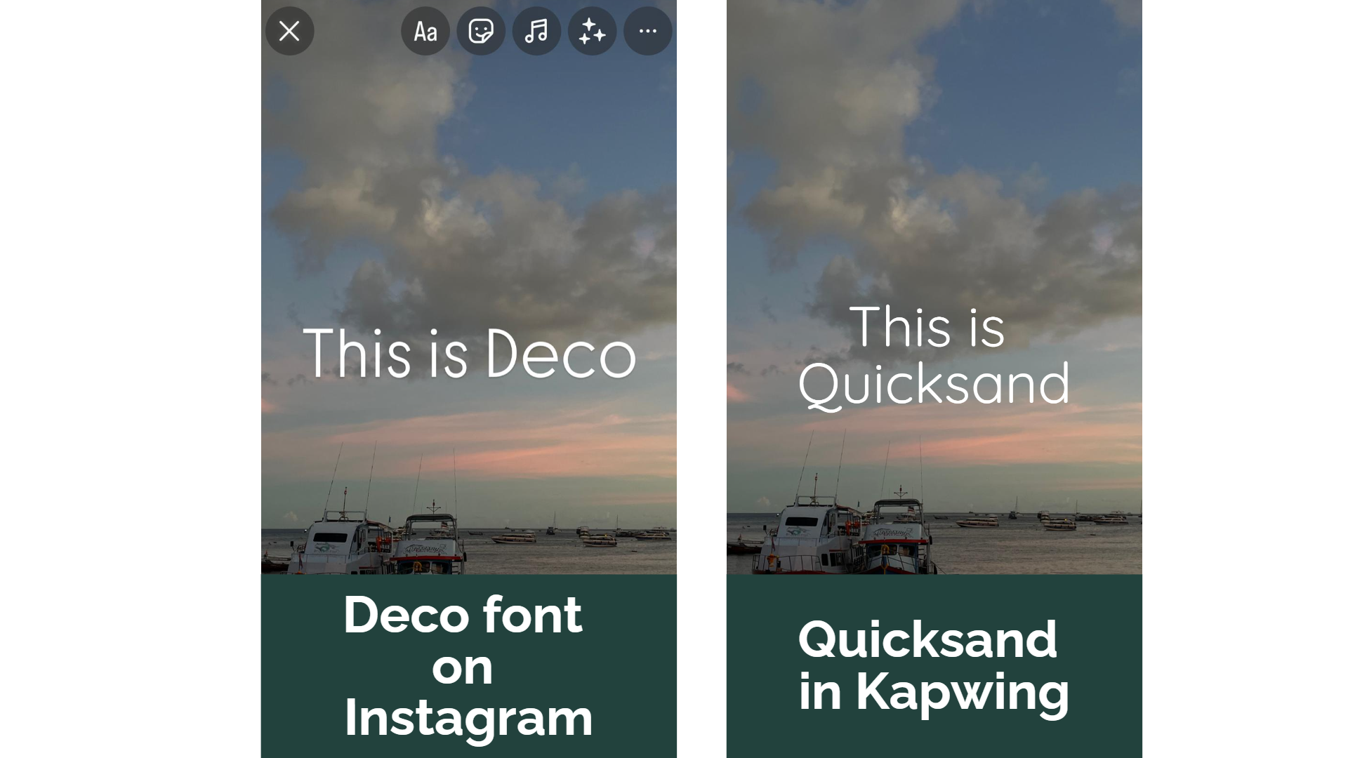 A side by side comparison of Deco font and Quicksand set against a sea background with two boats