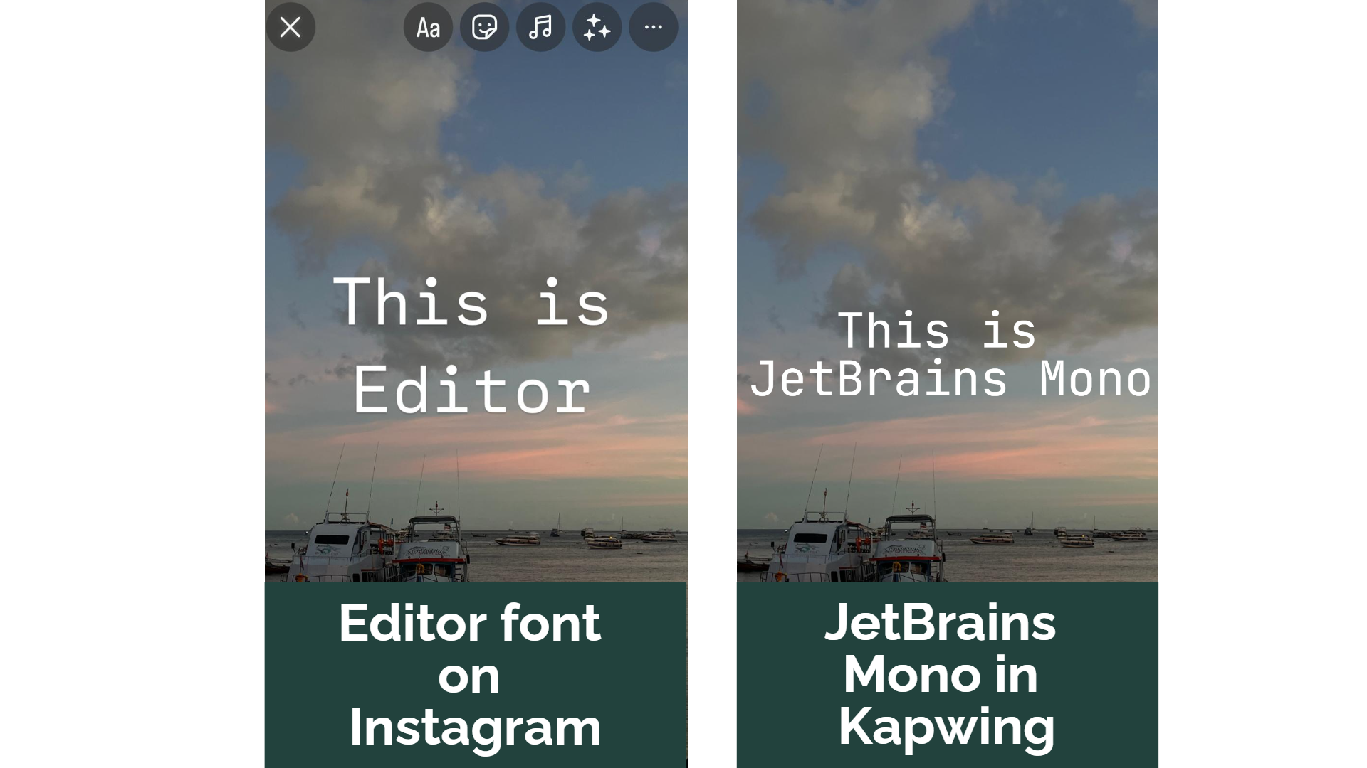 A side by side comparison of Editor font and JetBrains Mono, set against a sea background with two boats