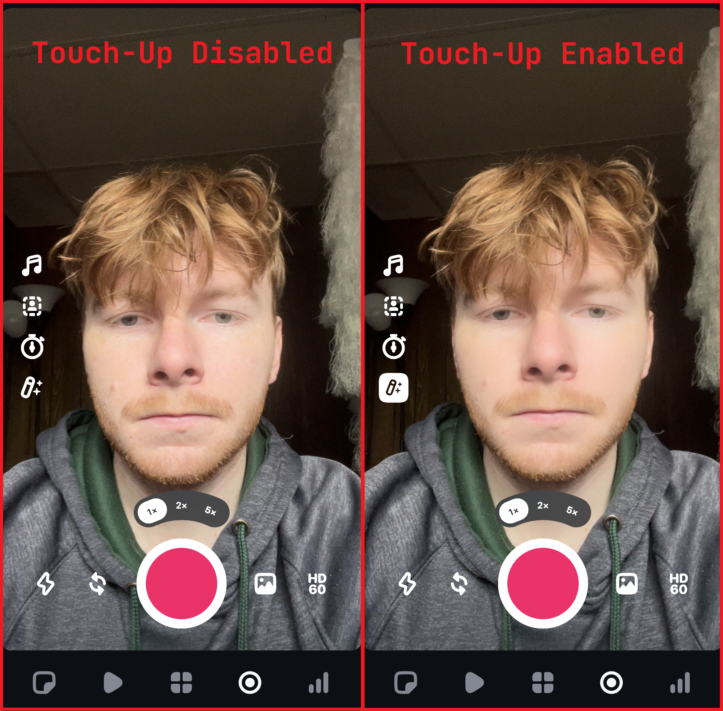 Comparison showing the touch-up tool on Instagram Edits. 