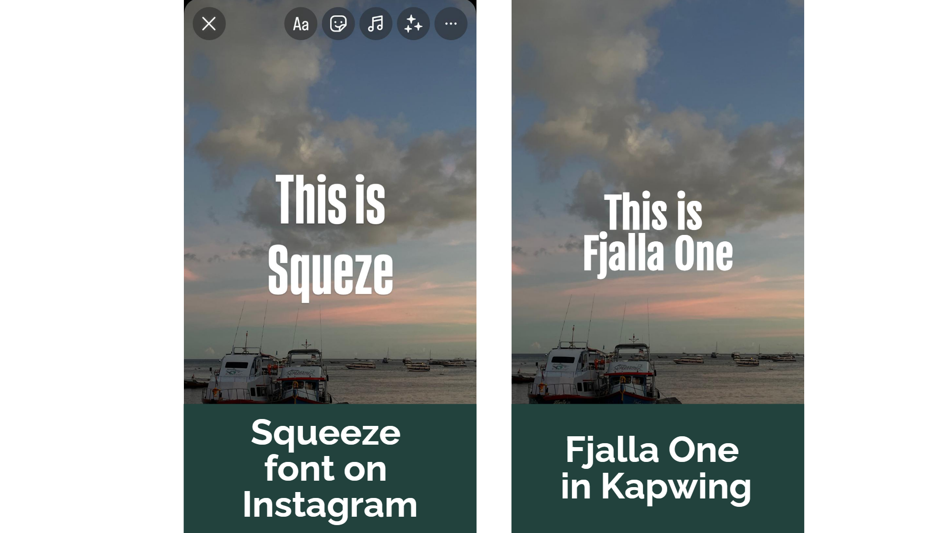 A side by side comparison of Squeeze font and Fjalla One, set against a sea background with two boats