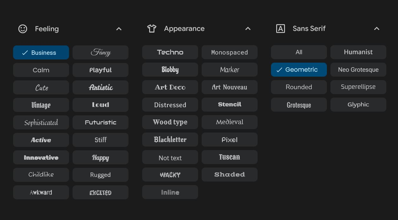 Example filter categories arranged side-by-side for clarity
