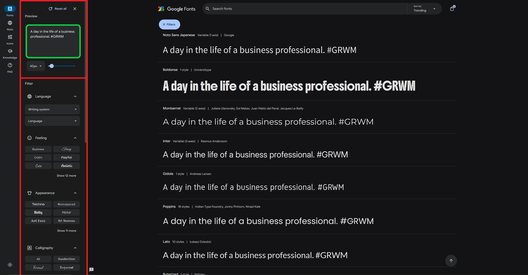 Google Fonts interface with an example preview text