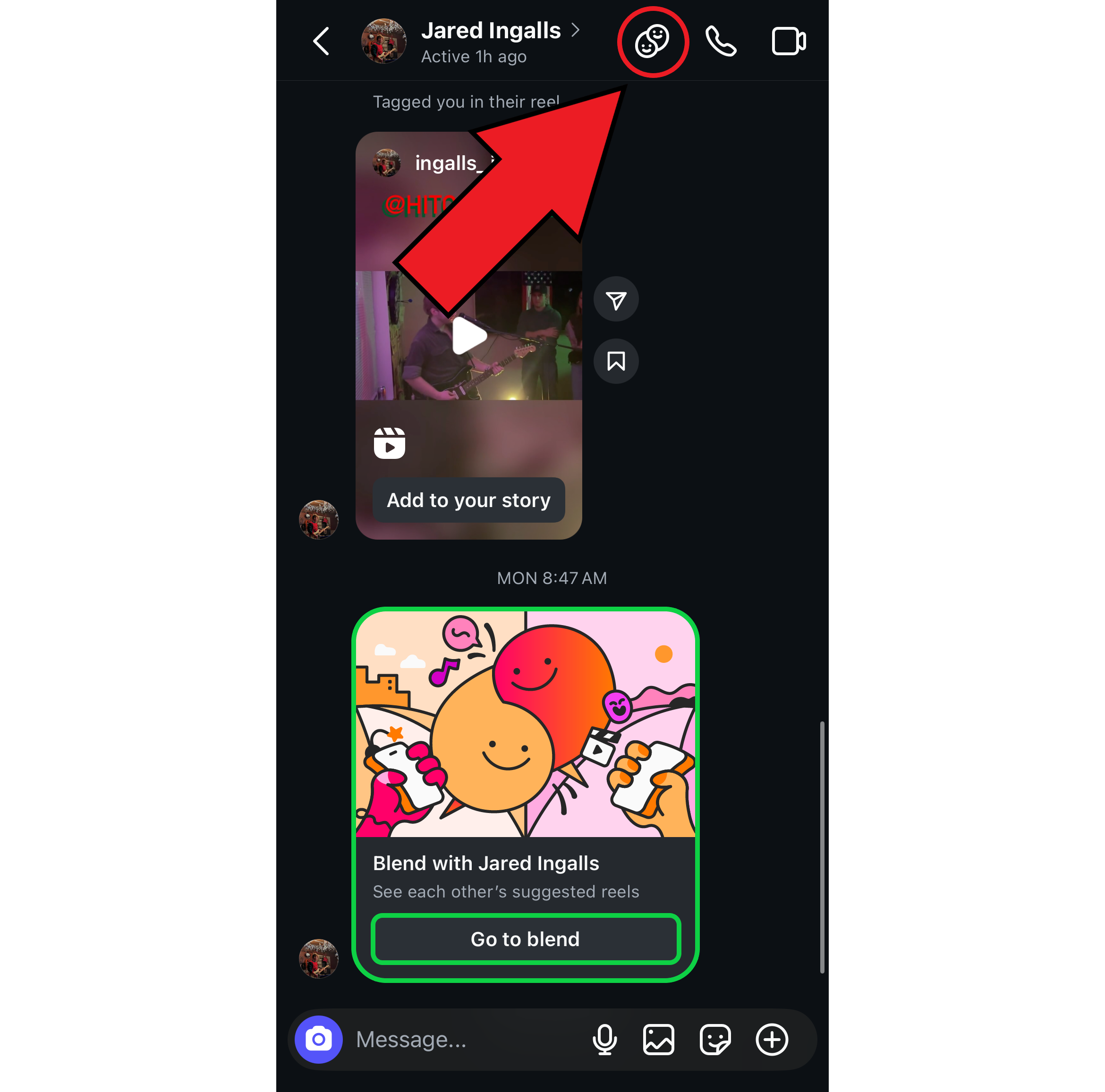 Guide showing how to access an Instagram Blend. 