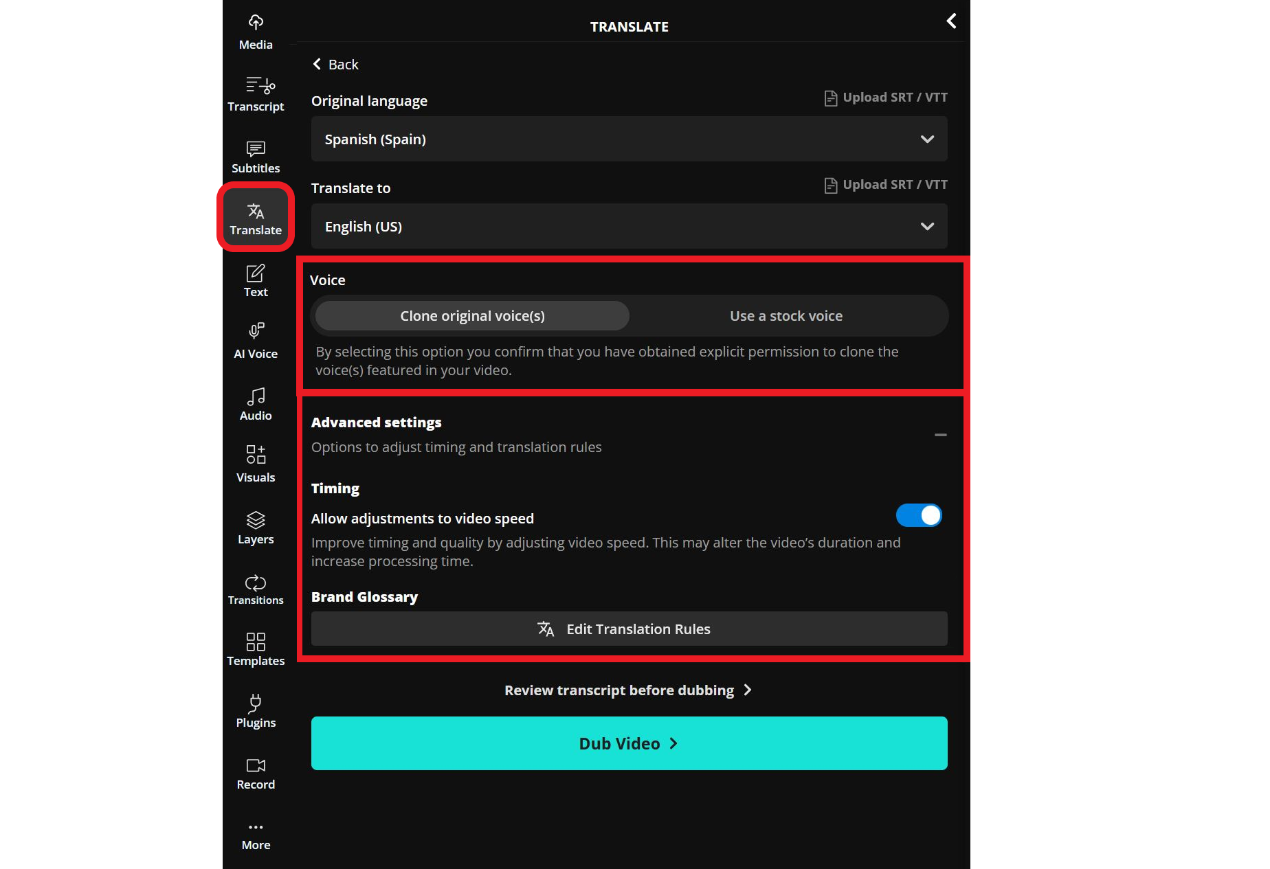 Spanish to English audio translation settings. 